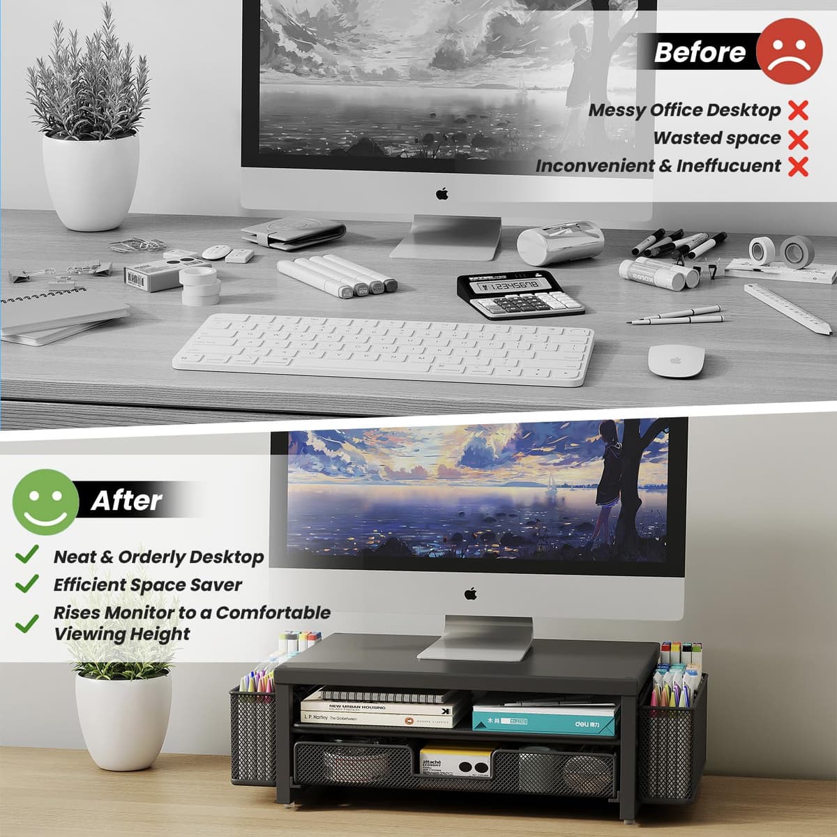 Metal Monitor Stand Riser with Drawer & 2 Pen Holders for Desk, Office Desk Accessories Organiser & Computer Screen Stand for Printer (Black) — view 4