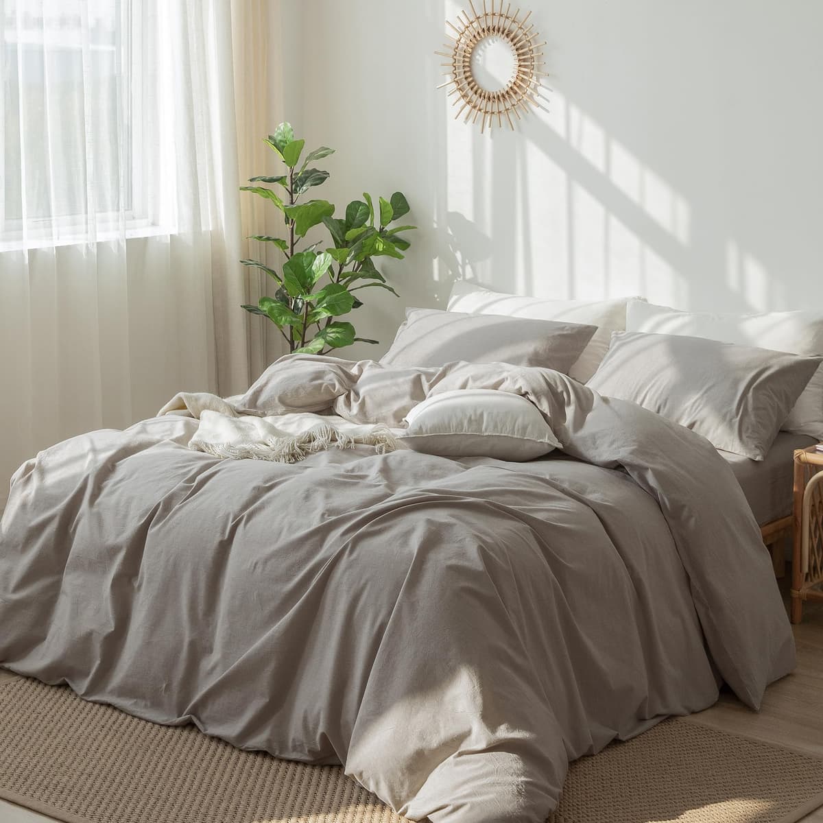 MooMee Bedding Duvet Cover Set 100% Washed Cotton Linen Like Textured Breathable Durable Soft Comfy (Tannish Linen Grey, King) — view 174