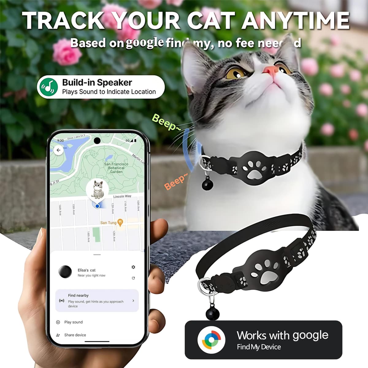 Collar GPS Gatos, GPS para Gatos sin Cuota Mensual, No Requiere SIM (Solo Android), Collar Localizador Compatible con goo- gle Find My (Collar + rastreador Negra) — view 5