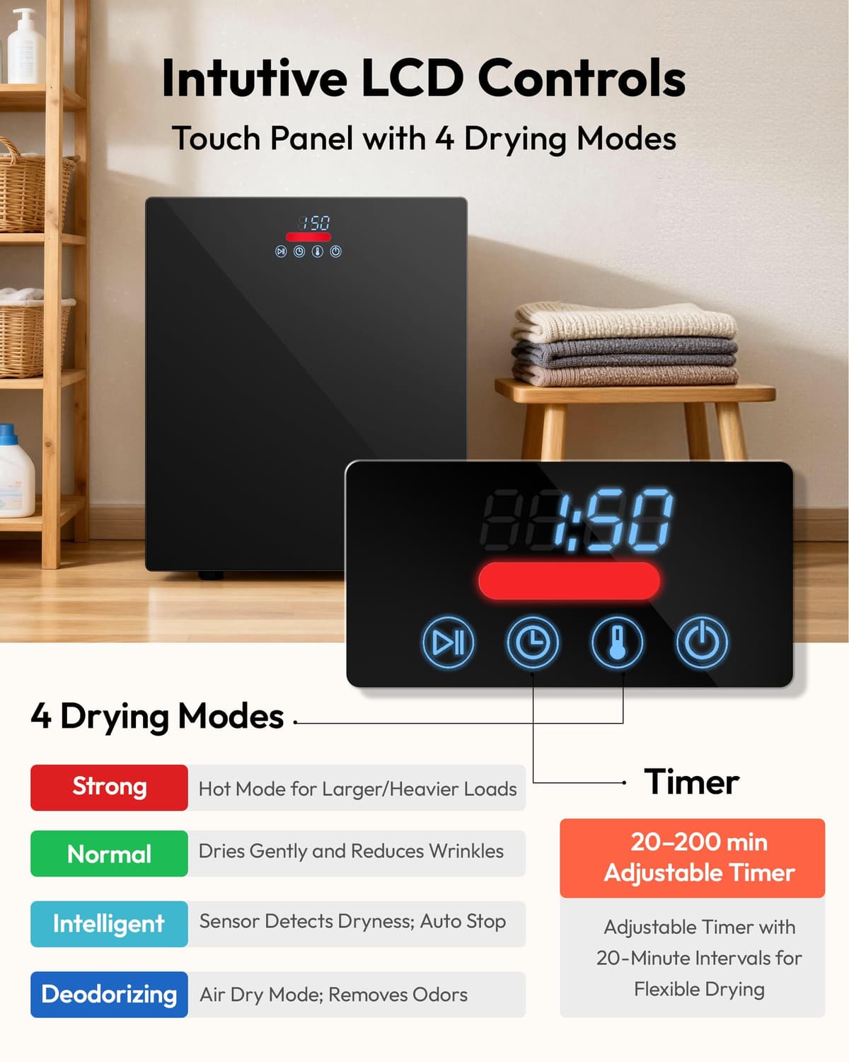 EUHOMY 1.5 Cu.ft Portable Dryer with 4 Drying Programs, 5.5lbs Clothes Capacity, Mirror Finish & LCD Panel, 850W Portable Clothes Dryer for Apartment, Dorm & RV, Black & White — view 2