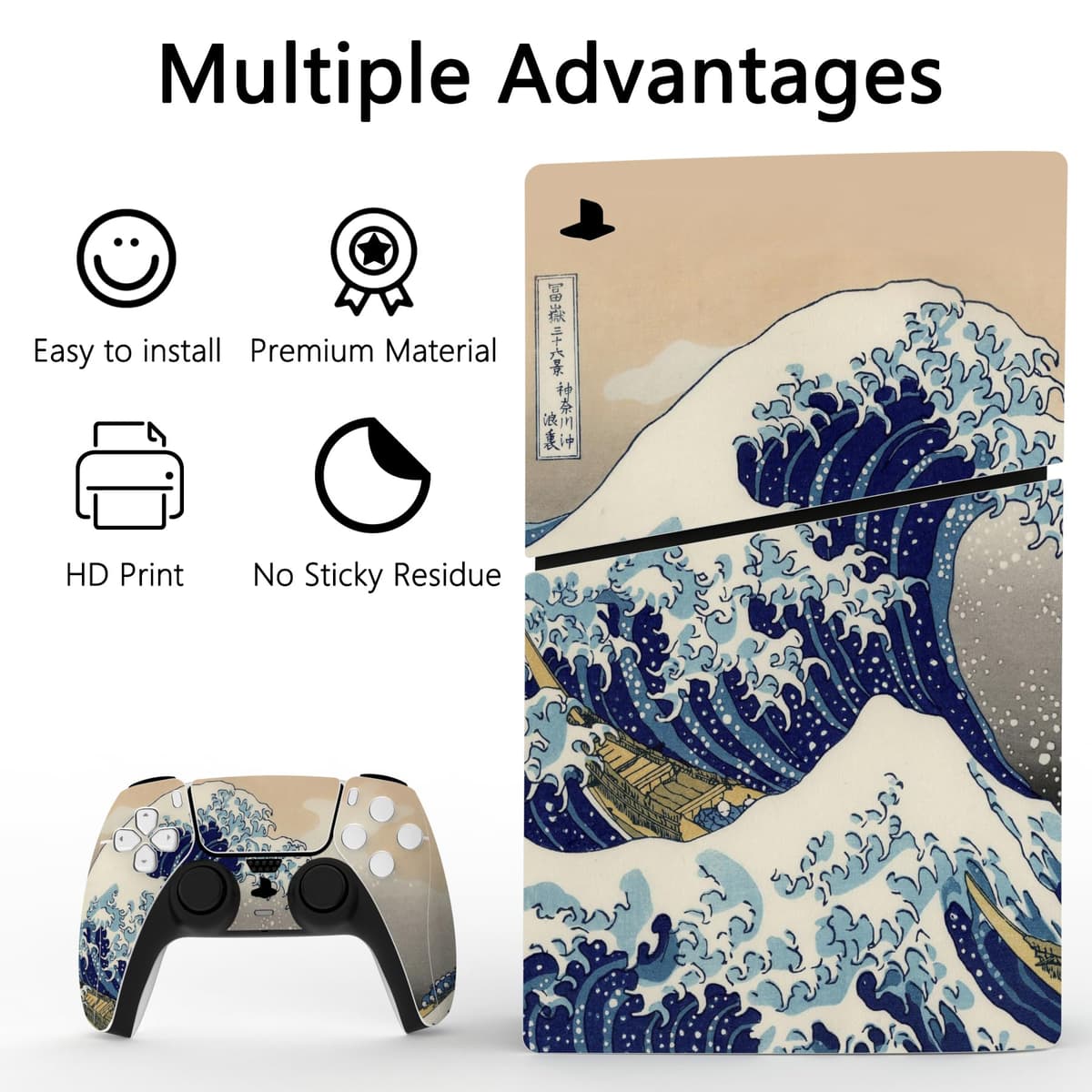 playvital Full Set Skin Sticker for ps5 Slim Console Digital Edition (The New Smaller Design), Vinyl Skin Decal Cover for ps5 Controller & Headset & Charging Station & Media Remote - The Great Wave — view 4