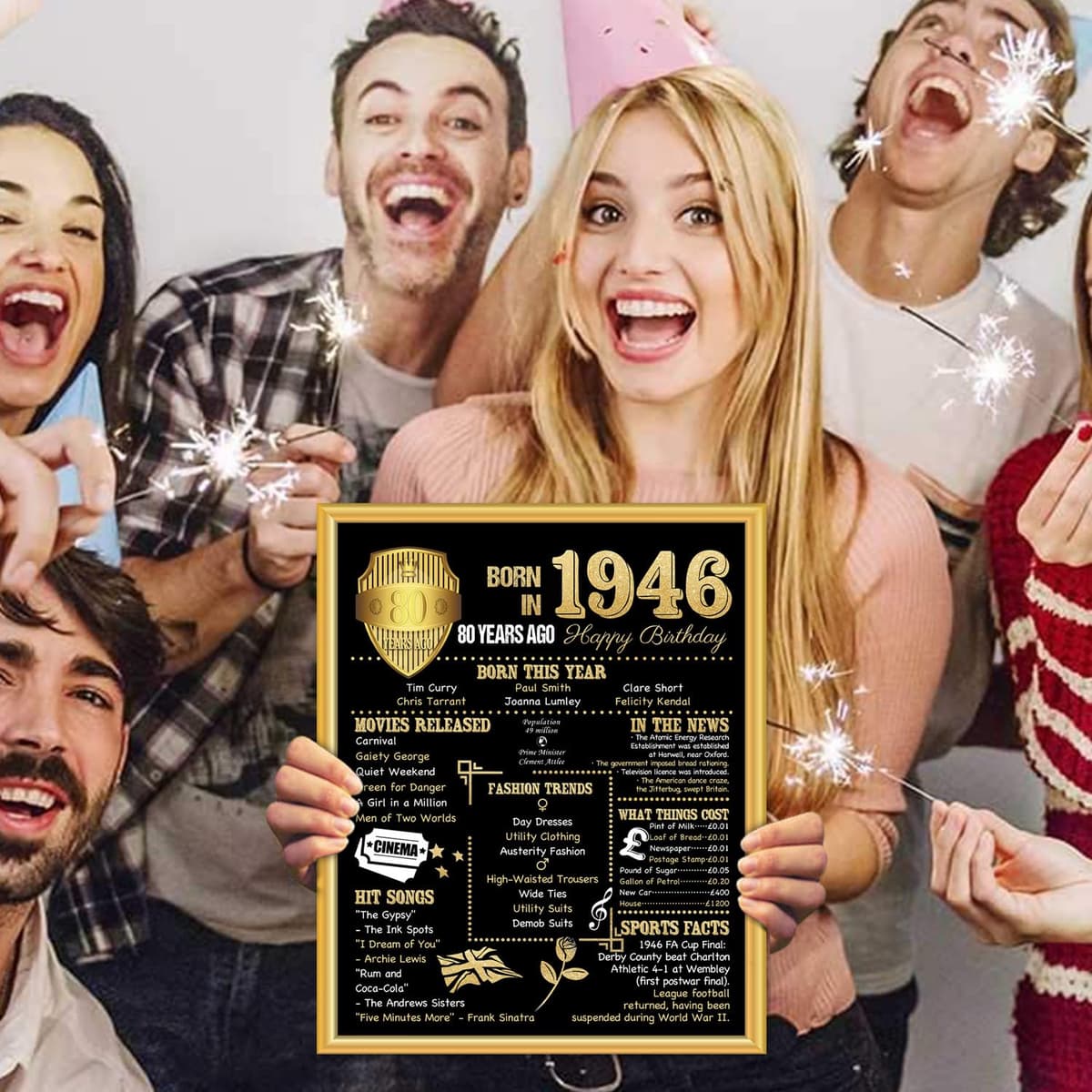 Benjia 1946 Poster Framed UK, Happy 80th Birthday Sign Card Party Decor Supplies Home Decoration Birthday Gift 80 Years Old Wedding Newspaper For Men Women (8x10 inch, Black Gold) — view 6