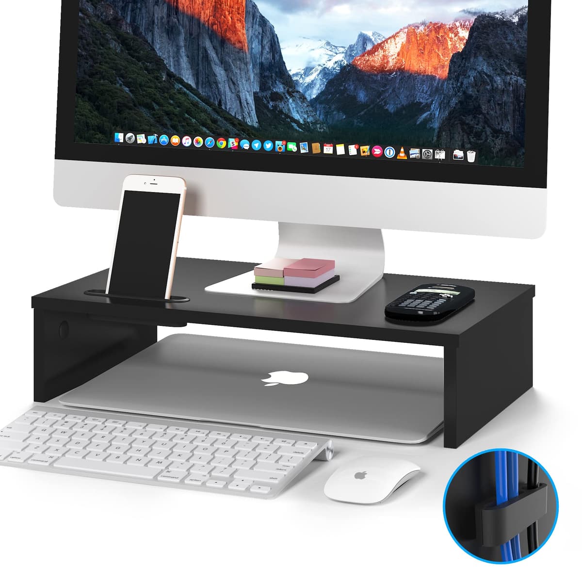 BONTEC Elevador Monitor de Madera para Monitor, Soporte para Monitor Escritorio de 1 Nivel con Gestión de Cables para Ordenador, Portátil, IMac, PC, Negro (W420 x D235 x H104mm) — view 2