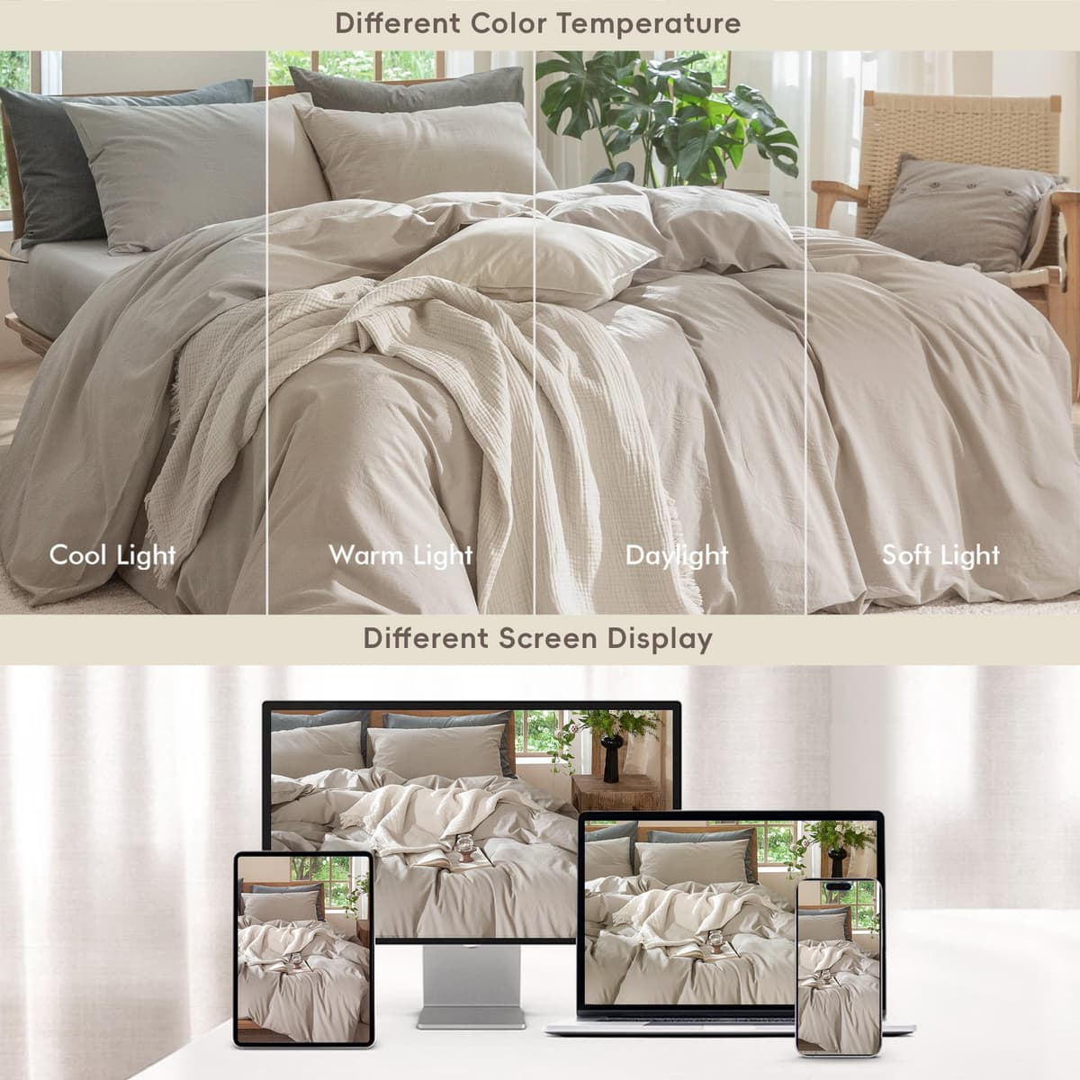 MooMee Bedding Duvet Cover Set 100% Washed Cotton Linen Like Textured Breathable Durable Soft Comfy (Tannish Linen Grey, King) — view 97