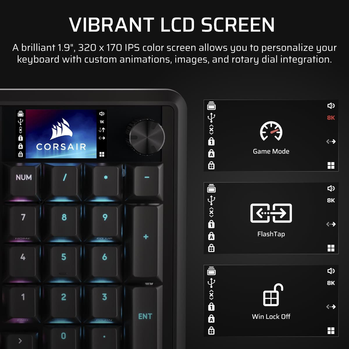 Corsair VANGUARD 96 Wired Mechanical Gaming Keyboard – 96% Layout, MLX Plasma Linear Switches, 8000Hz Polling, LCD Display, Virtual Stream Deck, G-Keys, SOCD Flashtap, QWERTY UK – Black — view 6
