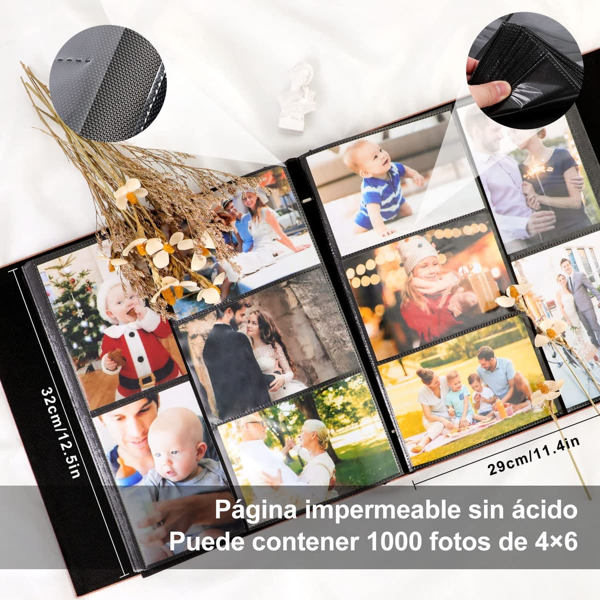 Lanpn Album de Fotos 10x15 1000, Grande Lino Album para Photos Bolsillos Verticales Horizontal Negro — view 4