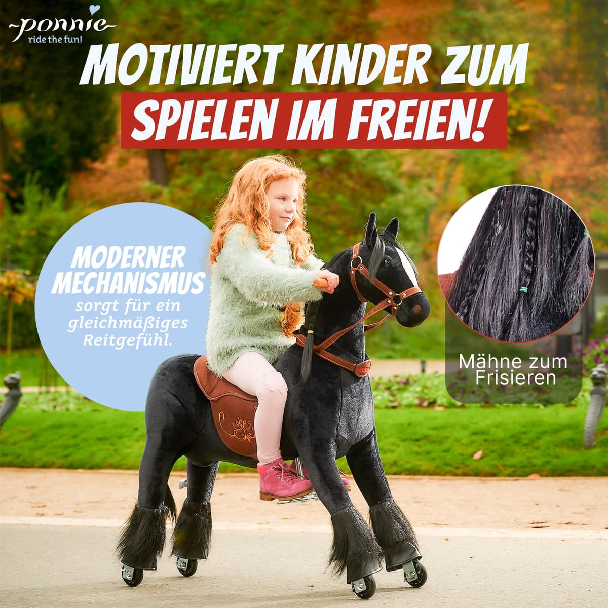 Ponnie Caballo de equitación para niños de 5 a 12 años, M, Caballo mecánico sobre Ruedas, Adecuado para niños a Partir de 5 años (requisito de Peso: mín. 13 kg hasta máx. 50 kg) — view 3