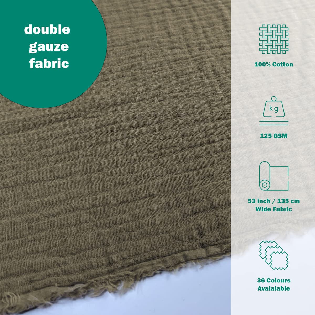 Double Gauze 100% Cotton Plain Fabric Dress Making Lightweight Muslin Baby Swaddle Blankets Scarves Summer Clothing | 53" - 135 cm Wide | per Metre (Taupe) — view 2