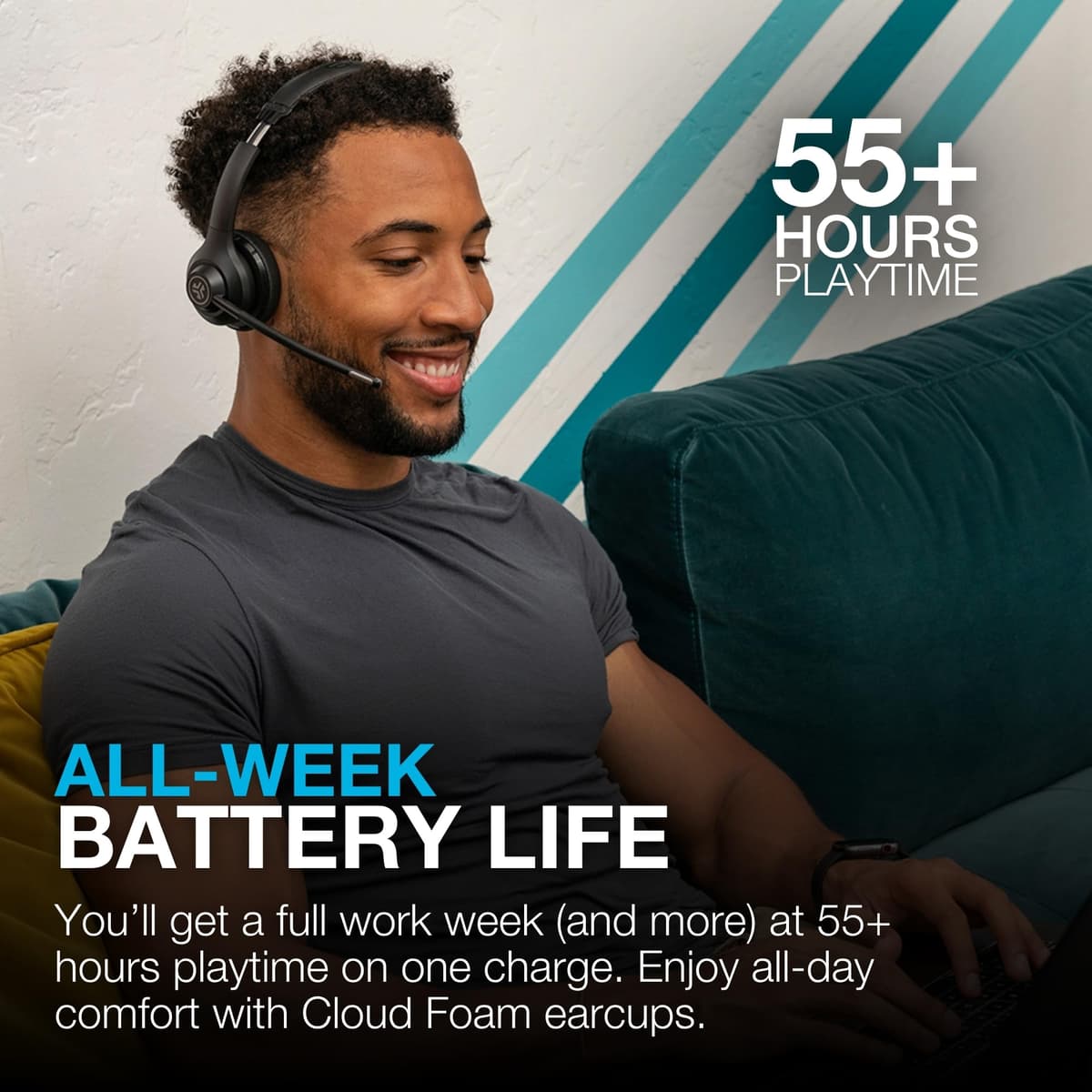 JLab Go Work 2nd Gen Wireless Headset with Microphone - 55+H PC Bluetooth Headset or USB C Dongle, Noise Cancelling Mic, Multipoint, On Ear Wired or Wireless Office Laptop Computer Headsets — view 2