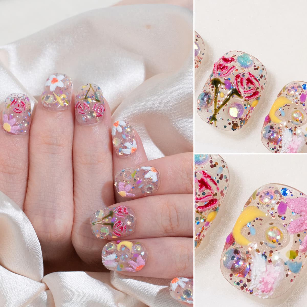 Sun&Beam Nails Handmade Press On Nail Long Coffin Ballerina Pink Flower Acrylic Fake Tip 3D Design Art Charms Cute with Storage Box 10 Pcs (S) — view 102