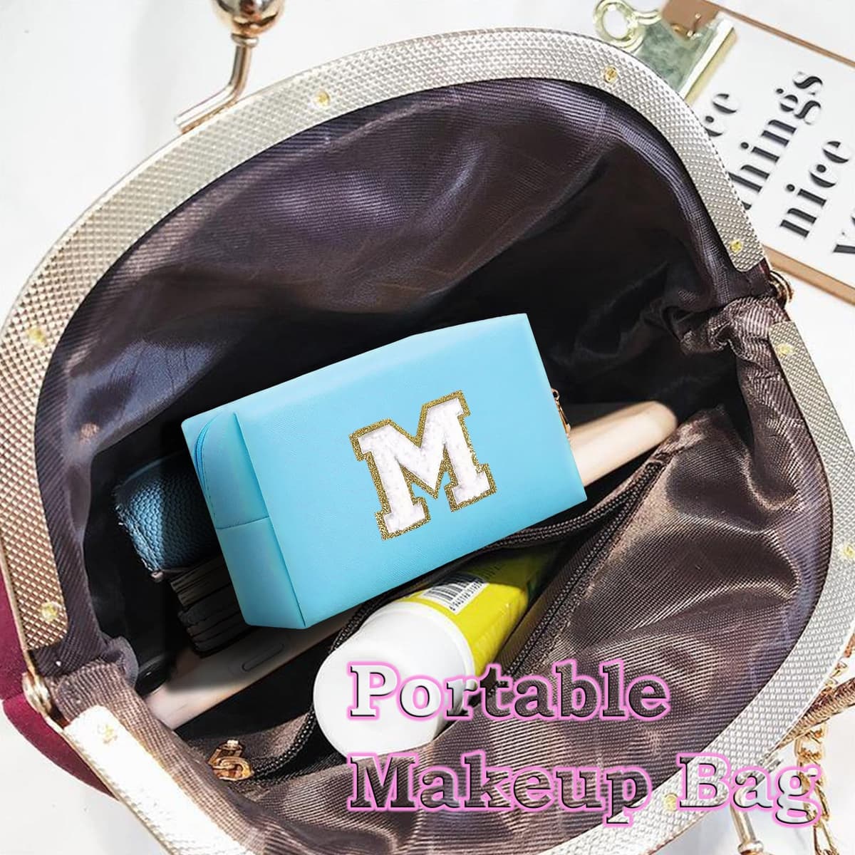 Small Personalized Initial Letter Makeup Bag, Cute Waterproof PU Leather Chenille Letter Cosmetic Bag Travel Makeup Bag, Preppy Makeup Pouch Toiletry Zipper Pouch Organizer for Women and Girls — view 3