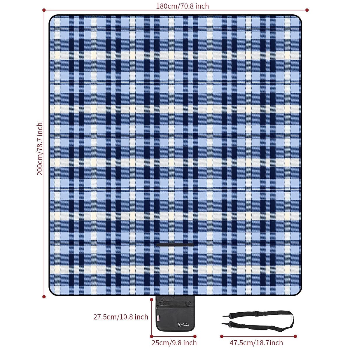 Vinsani Foldable Picnic Blanket 200 x 180 cm - Anti-Slip, Durable Waterproof & Sand Proof Outdoor Rug Mat for Camping, Beach, Hiking, Park & Garden, Easy to Carry, Machine Washable | Checkered — view 3