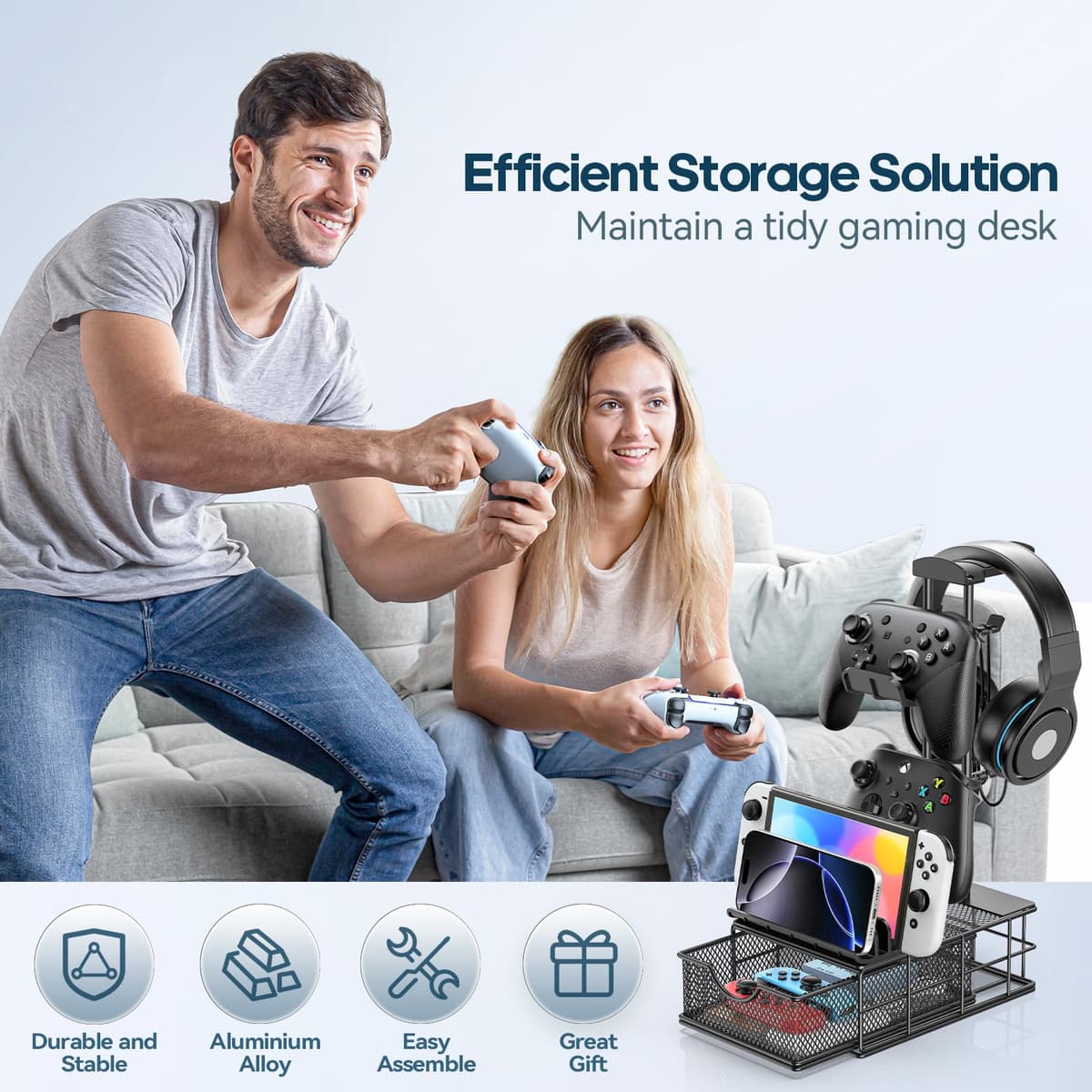 KDD Gaming Headset Stand with Drawer, Universal Stand Controller & Headphone Holder Table with Cable Organizer, Controller Hook with Aluminium Support Bar for Gaming Accessories Gaming PC — view 5