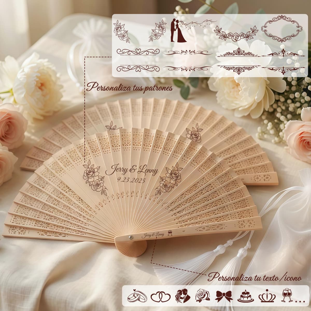 Abanicos Personalizados para Invitados de Boda, abanicos de Madera para Bodas con Texto/diseño Grabado, Paquete de abanicos Plegables con Bolsa de Organza y Borla, Eventos y decoración (20piezas) — view 3