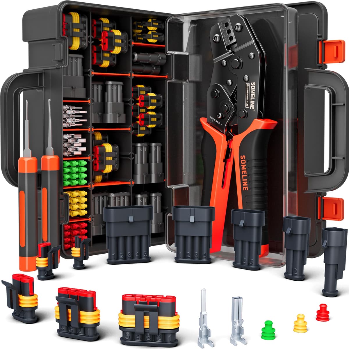 SOMELINE Waterproof Automotive Electrical Connector Crimping Tool Kit, 1/2/3/4/5/6 Pin Wire Connectors, with 0.34–2.5mm² Ratchet Crimping Pliers & Terminal Removal Tool – for Car, Motorcycle, Marine — view 10