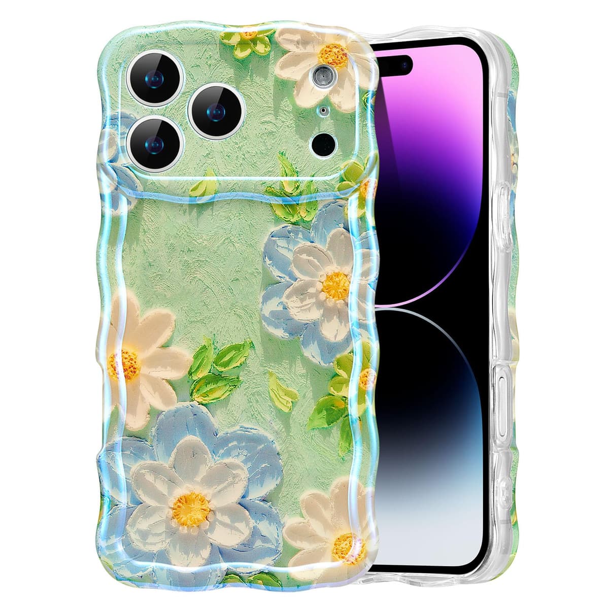 EYZUTAK Case for iPhone 16, Colorful Retro Oil Painting Printed Flower Laser Glossy Pattern Cute Curly Wave Edge Exquisite Phone Cover Stylish Durable TPU Protective Case for Girl Women-Green — view 109