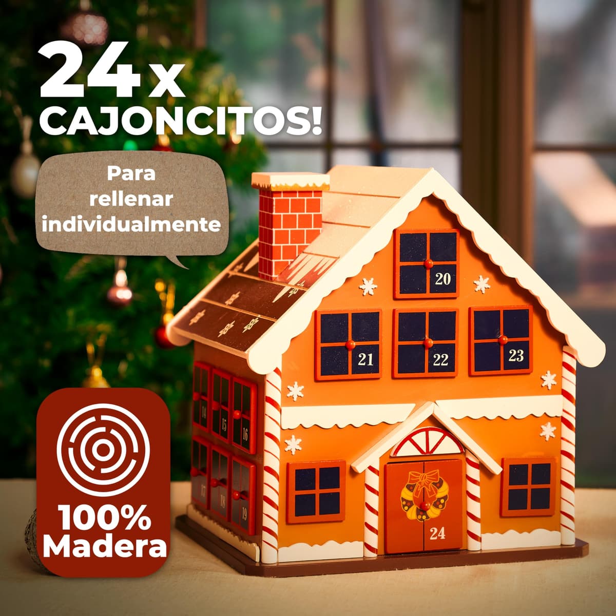 Spielwerk® Calendario de Adviento Madera Casita Jengibre 24 Cajoncitos Rellenable Chuches Vacio Reutilizable Adorno Decoración Navidad 2025 Personalizable — view 2