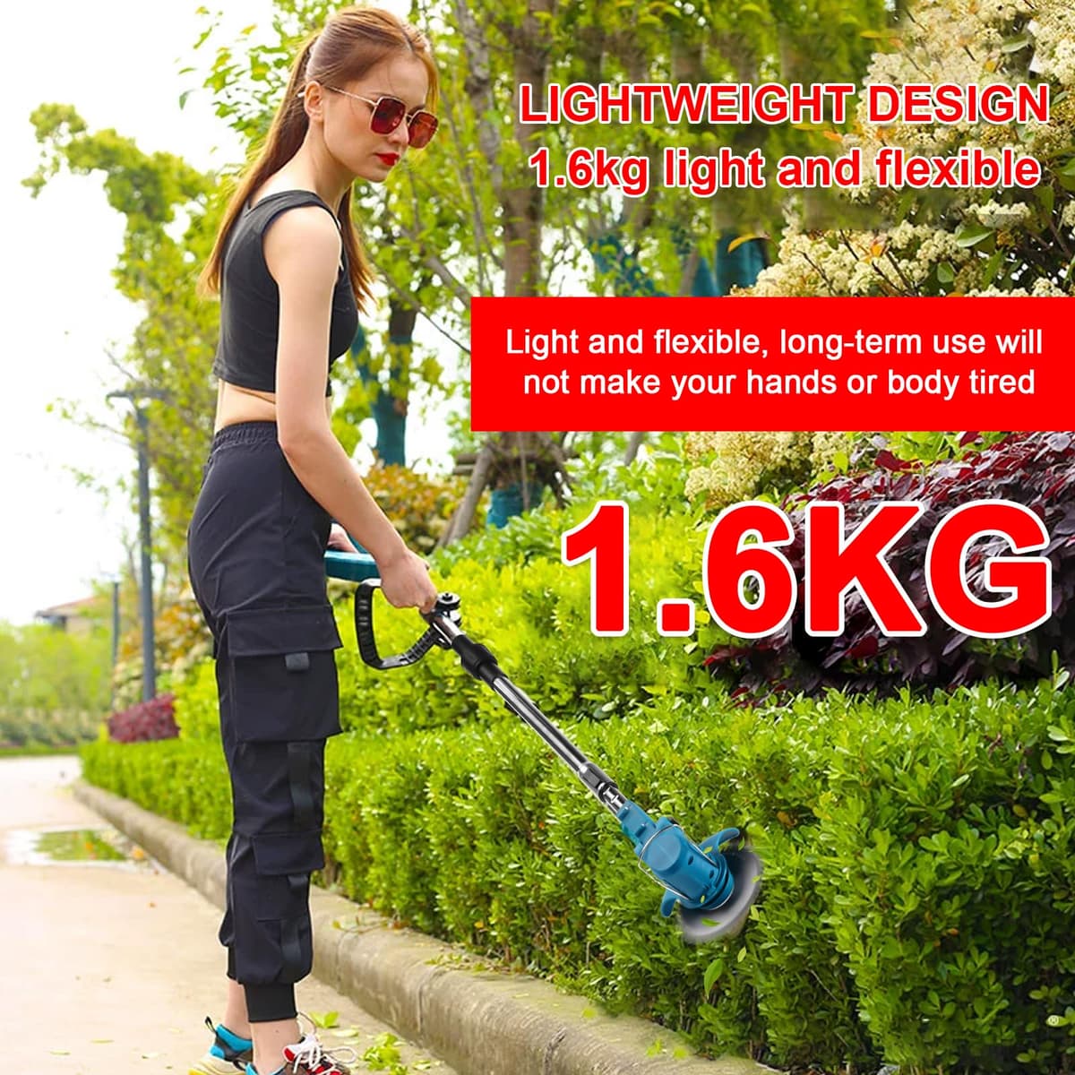 Cortadora de césped inalámbrica, cortadora de césped a batería con 2 baterías de 1500 mAh, desbrozadora eléctrica Ajustable, Recortadora de Bordes con Mango telescópico y Ruedas adicionales — view 4
