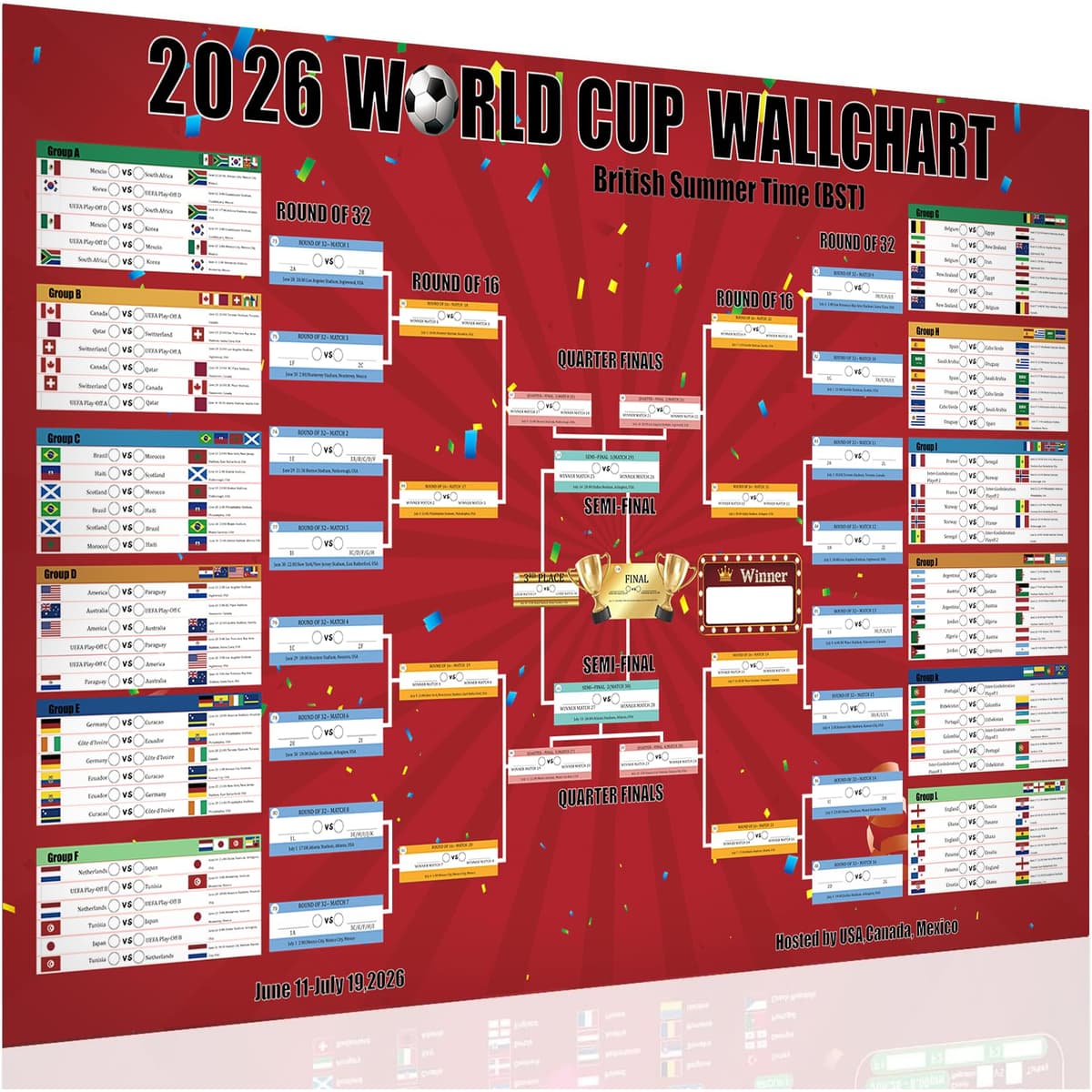Flankor Extra Large World Cup Wall Chart 2026, 100×70cm World Cup Football 2026 Schedule Poster, Football Party Decorations for Home Office Bar Club Decorations Great Gifts for Soccer Fans