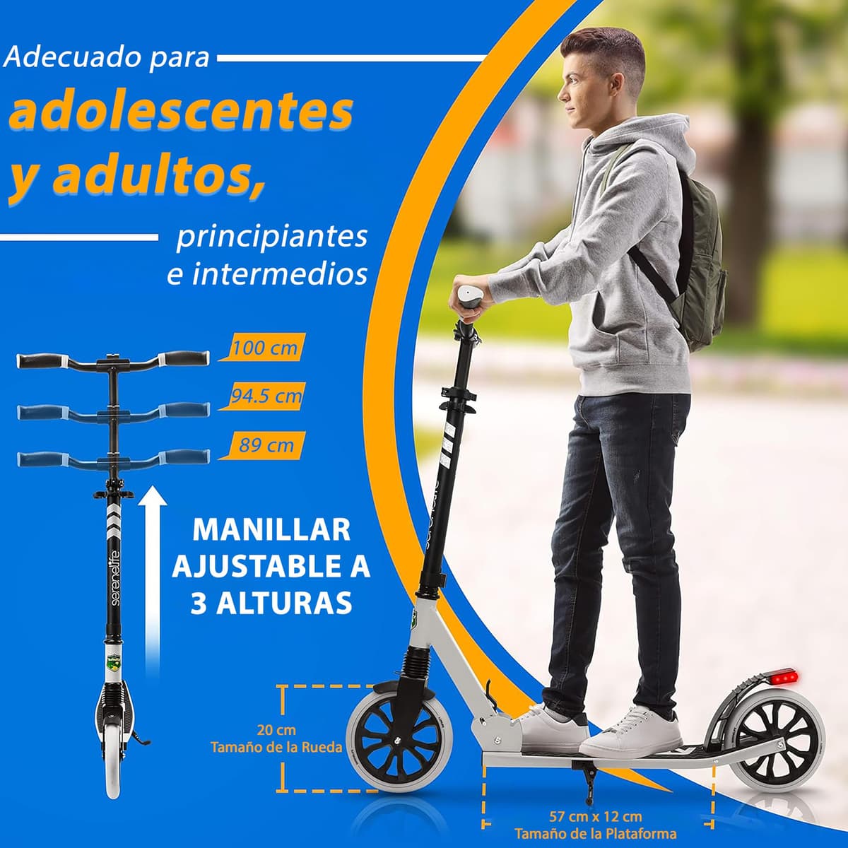 SereneLife Patinete Adolescentes, con Luces, Plegable, Ajustable, Adultos, Freno Manillar, Dos Ruedas, Barra en T, Facil maniobra — view 4