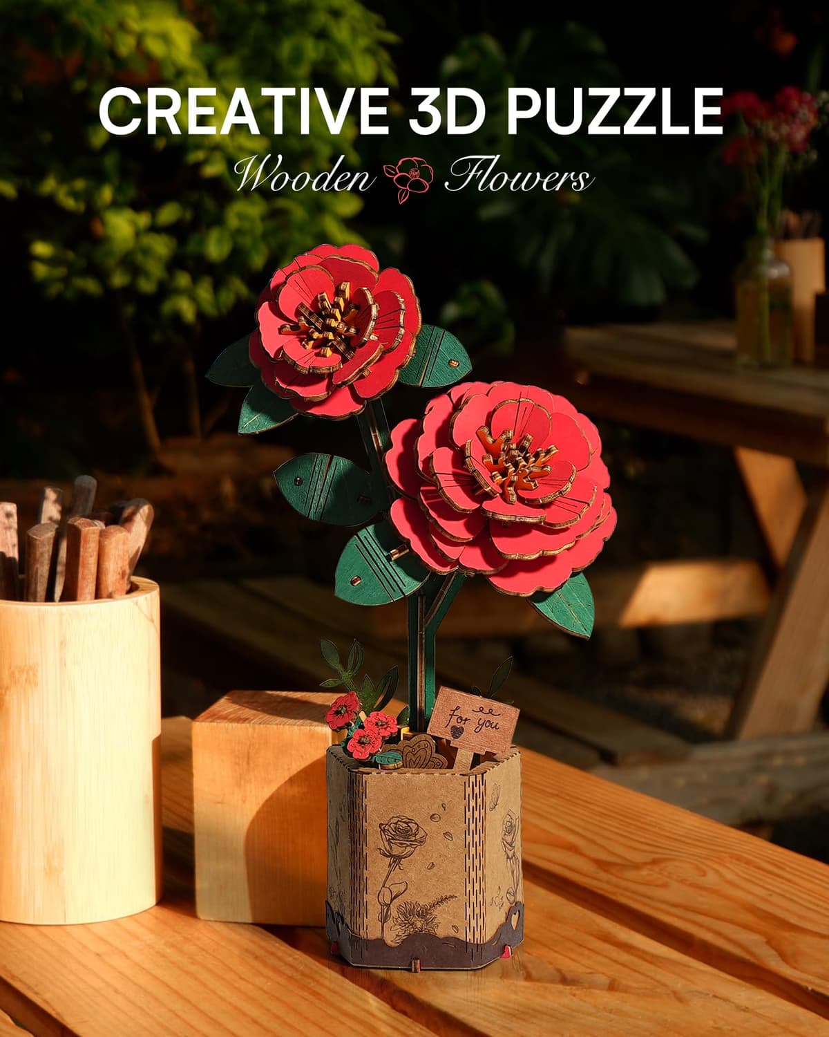 Robotime Flor Puzzles 3D Madera, Maquetas para Construir Adultos, Maqueta Madera, Regalos para Mujeres en el Día de San Valentín & Cumpleaños (Camelia roja) — view 2