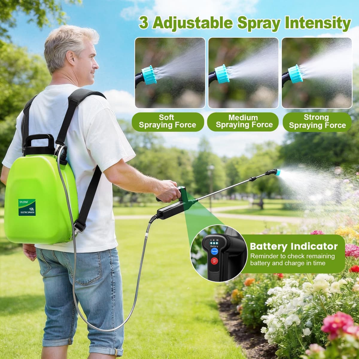 SYLSTAR 12L Battery Powered Knapsack Sprayer, Electric Garden Backpack Sprayer with 3 Adjustable Spray Power, Battery Indicator & 41" Telescopic Wand for Lawn, Garden & Patio — view 2