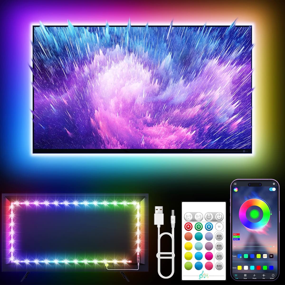 KANTUTOE TV LED Lights, 3m LED Lights for 32-45 Inch TVs, RGB TV Backlight with Remote, Colour Changing Music Sync Bluetooth APP Control Strip Lights USB Powered for Bedroom Gaming Room Decor — view 8