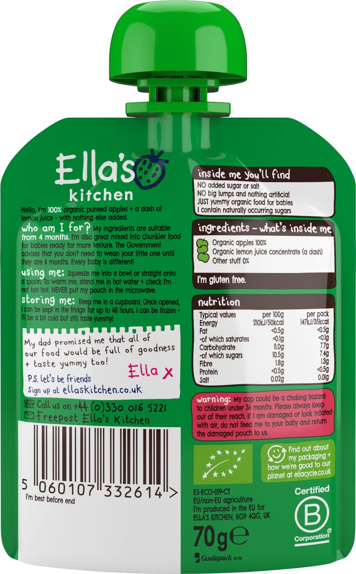 Ella's Kitchen Stage 1 From 4 Months First Taste - Apples 70 g (Pack of 7) — view 2