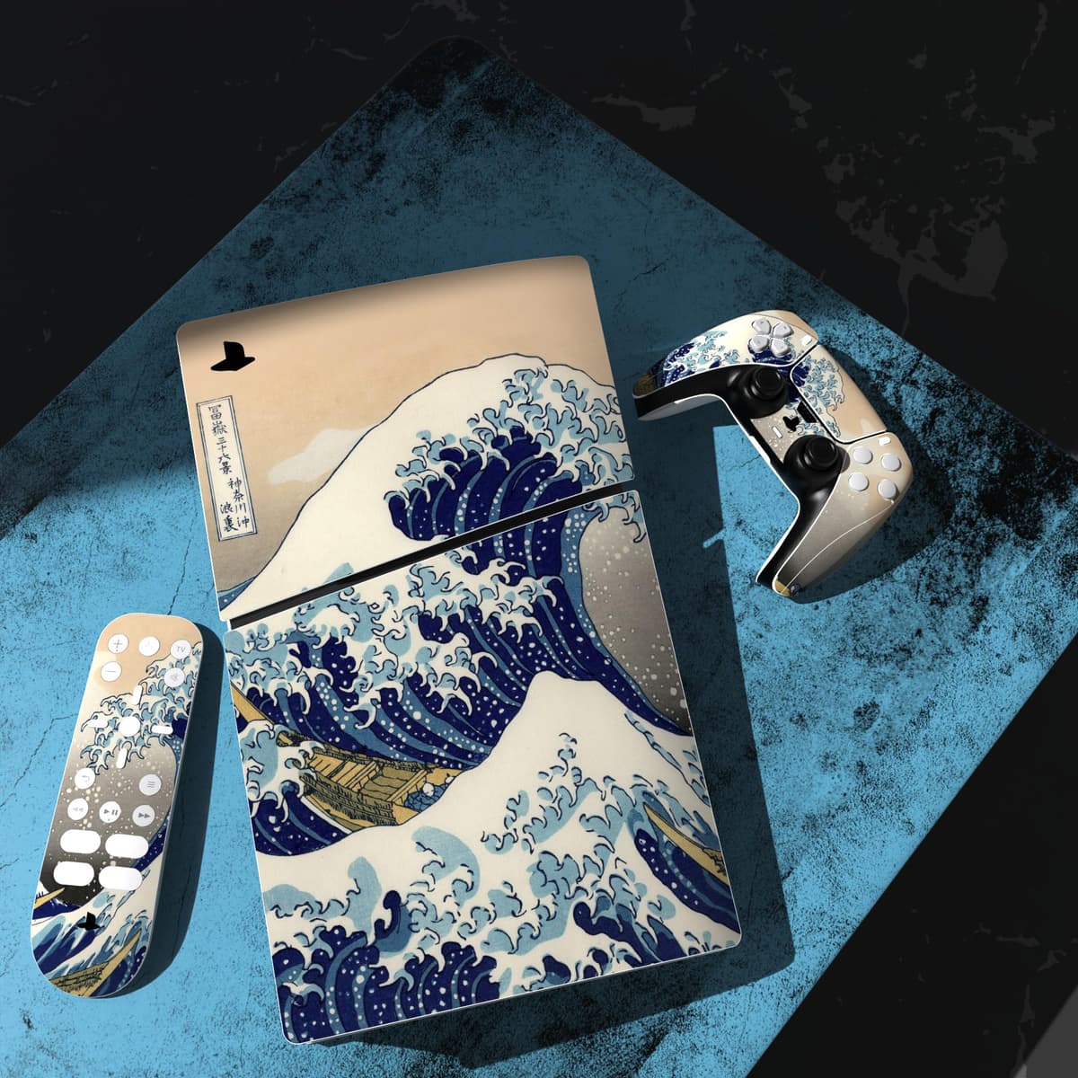 playvital Full Set Skin Sticker for ps5 Slim Console Digital Edition (The New Smaller Design), Vinyl Skin Decal Cover for ps5 Controller & Headset & Charging Station & Media Remote - The Great Wave — view 5
