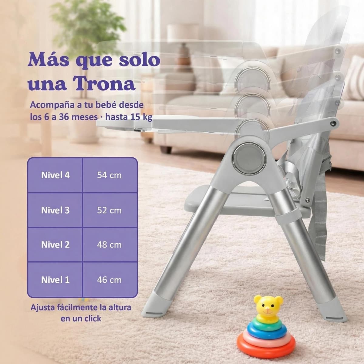Trona Portátil Plegable Premium para Bebé 2 en 1, Elevador de Silla con Correas de Fijación, 4 Alturas, Bandeja Extraíble, Bolsa de Transporte, 6-36 Meses, hasta 15 kg (GRIS + PLATA) — view 5