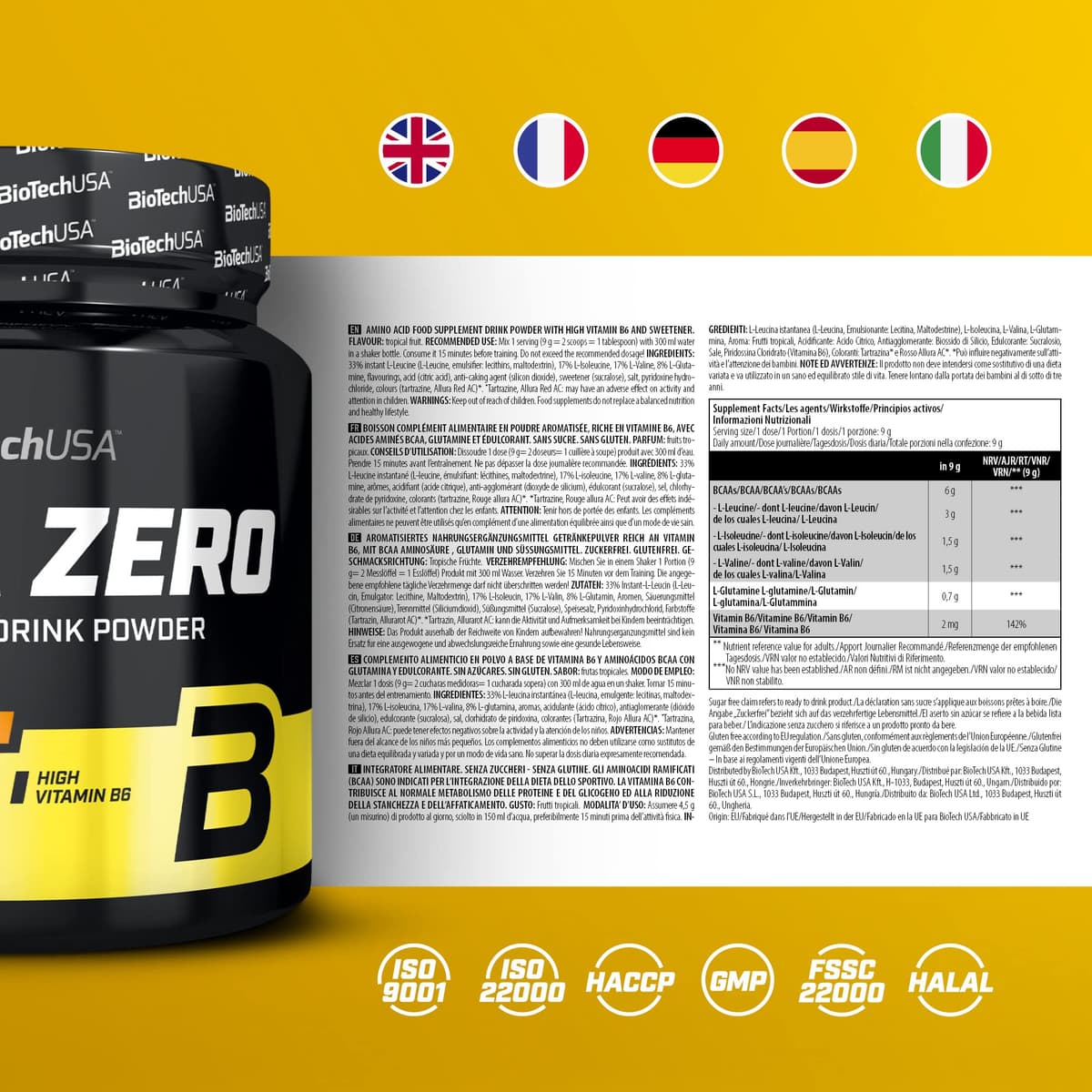 BioTechUSA BCAA Zero - Aminoácidos Esenciales en Polvo | 6g BCAA con L-Leucina Instantánea | Vegano | Sin Azúcar, Sin Lactosa, Sin Gluten, 360 g, Frutas tropicales — view 4