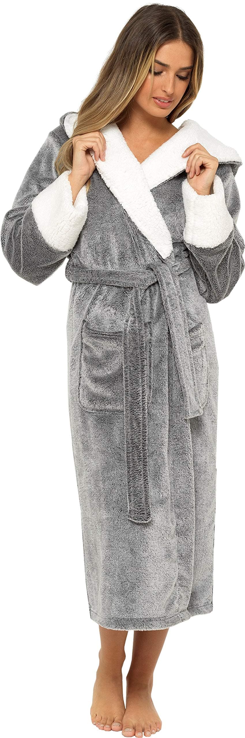 KATE MORGAN Ladies Dressing Gown Fluffy Super Soft Hooded Bathrobe for Women Plush Fleece Perfect Loungewear Long Robe | Gifts for Women — view 15
