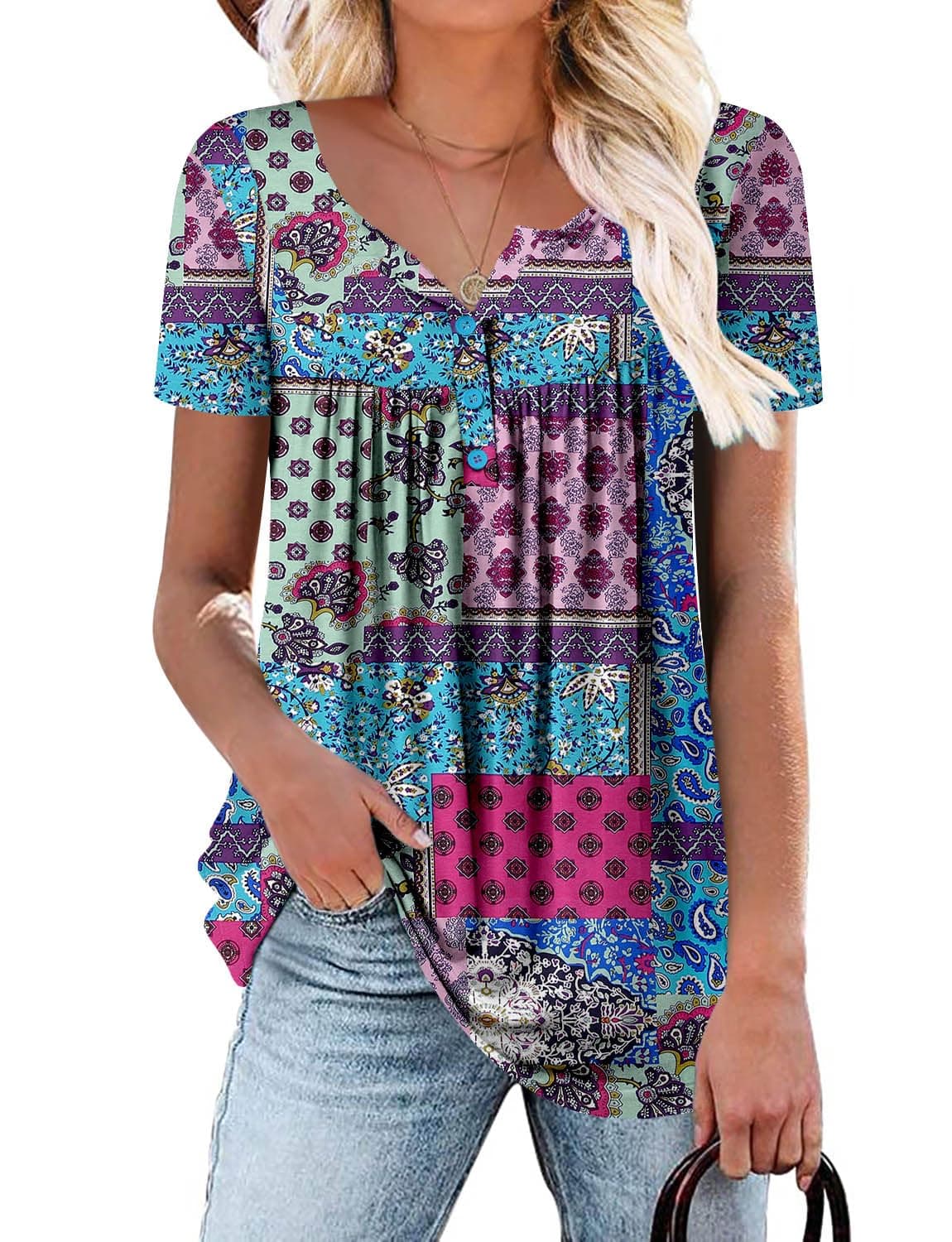 KISSMODA Ladies Pleated Tunic Tops for Women Buttons up Long Sleeve Shirts Floral Print