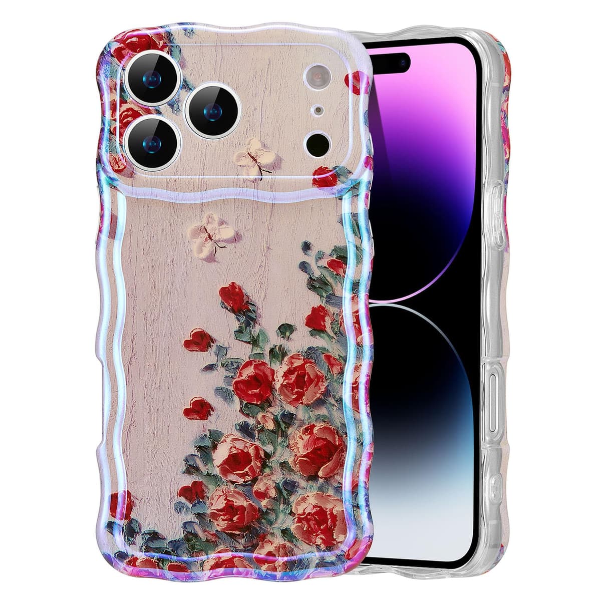 EYZUTAK Case for iPhone 16, Colorful Retro Oil Painting Printed Flower Laser Glossy Pattern Cute Curly Wave Edge Exquisite Phone Cover Stylish Durable TPU Protective Case for Girl Women-Green — view 19