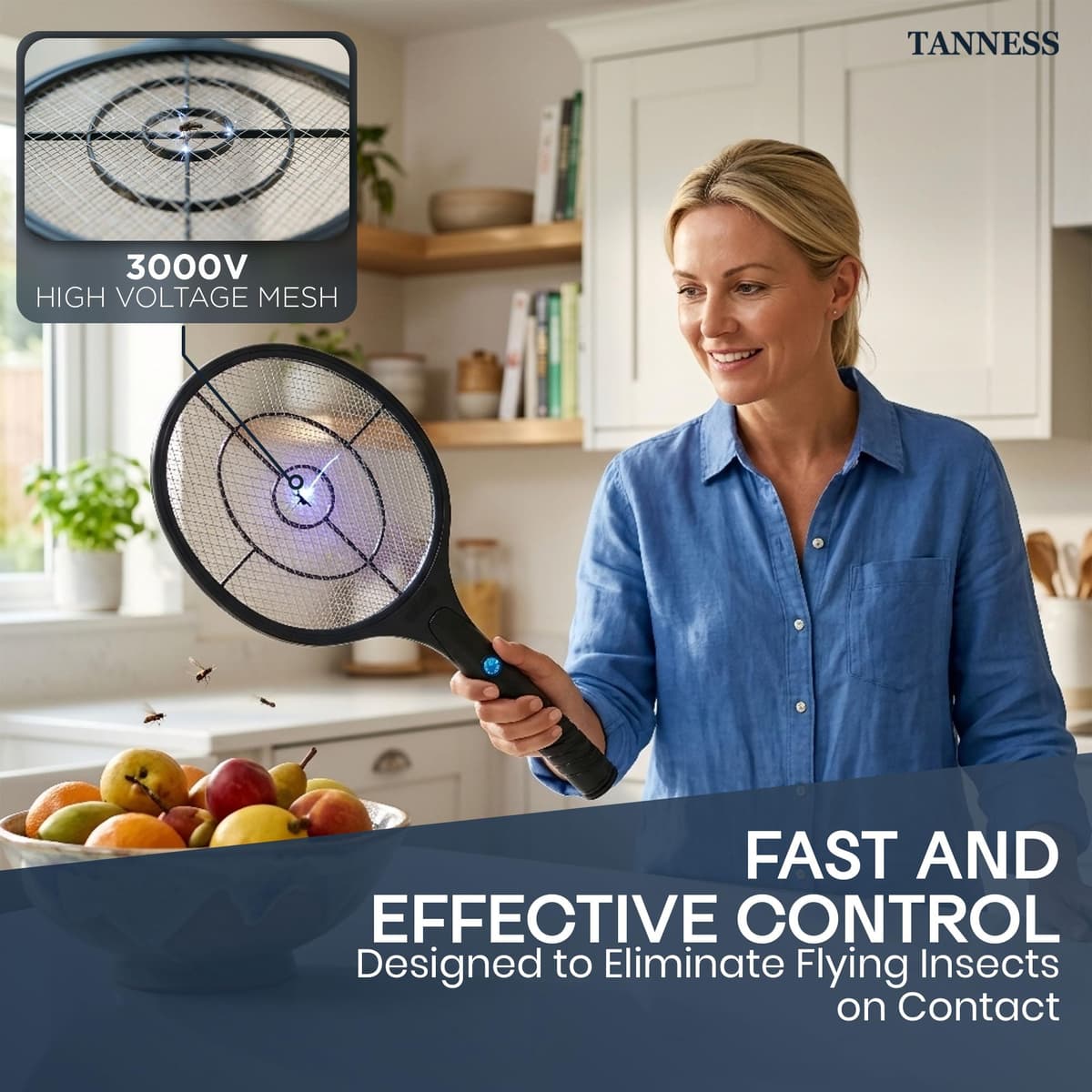 Tanness 1-Pack 3000V Rechargeable Electric Fly Zapper Racket, 22 x 50 cm, USB-C Charging, 4V 300mAh Battery, Indoor and Outdoor Use, 3-Layer Safety Mesh — view 3