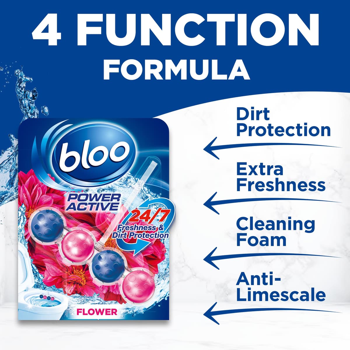 Bloo Power Active Toilet Rim Block Fresh Flowers, with Anti-Limescale, Cleaning Foam, Dirt Protection and Extra Freshness - Pack of 3 Rimblocks — view 4