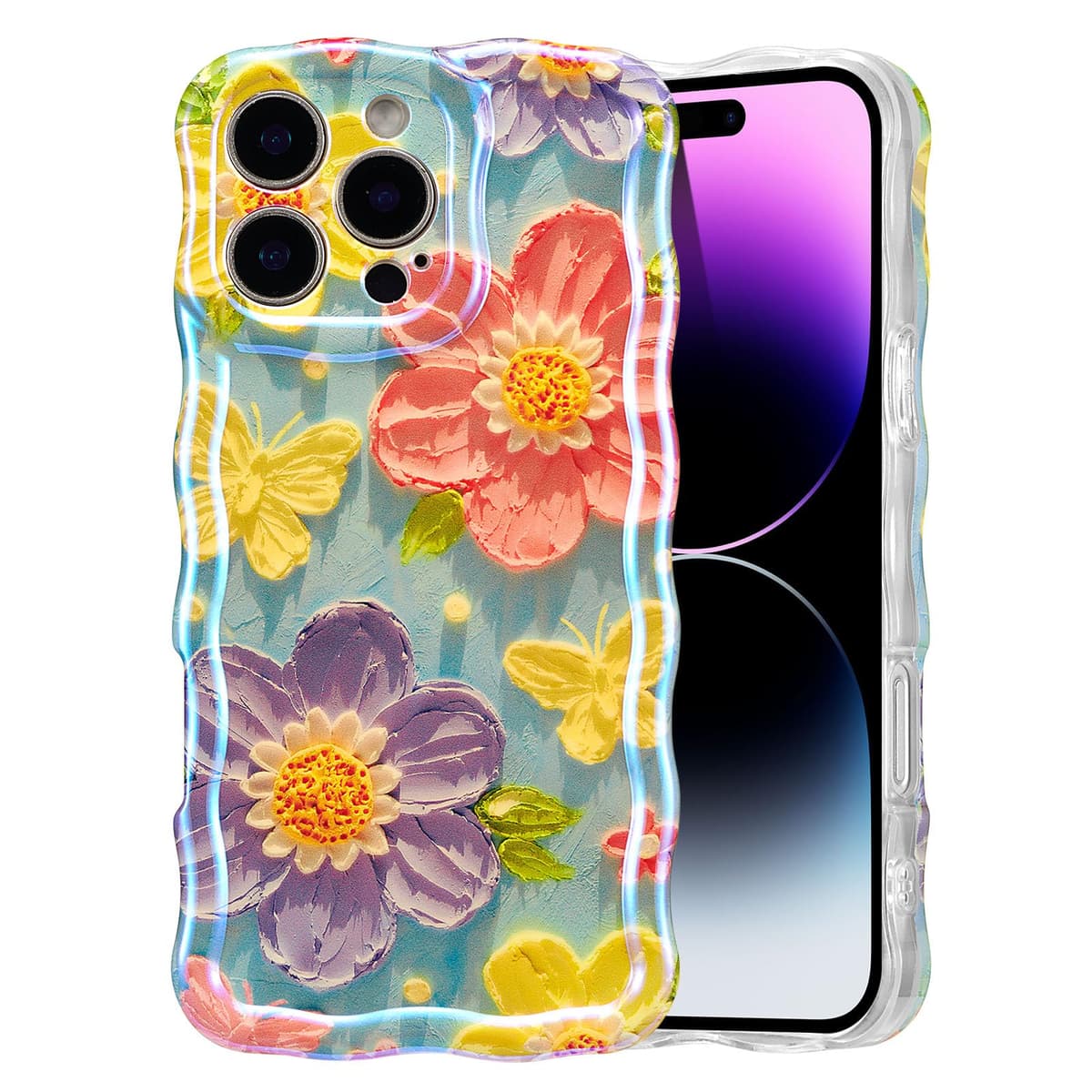 EYZUTAK Case for iPhone 16, Colorful Retro Oil Painting Printed Flower Laser Glossy Pattern Cute Curly Wave Edge Exquisite Phone Cover Stylish Durable TPU Protective Case for Girl Women-Green — view 11