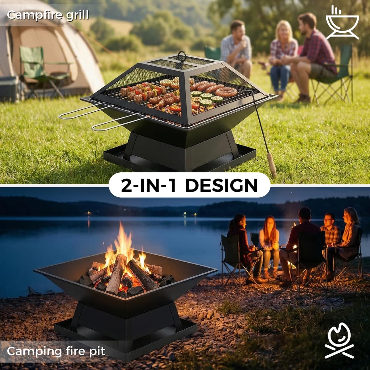 Square Fire Pit with BBQ Grill, Metal Fire Pit BBQ with Mesh Lid & Poker, Outdoor Garden Patio Heater Firepit, Sturdy and Durable Iron Construction - Great for Camping, Picnics or the Garden — view 5