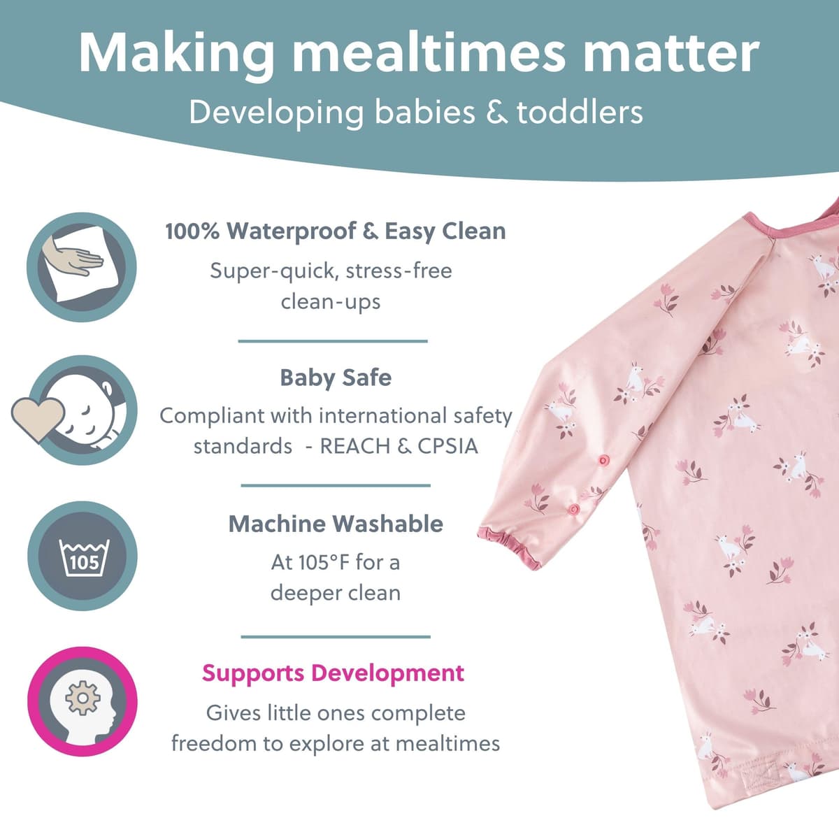 BIBaDO - Long Sleeve Baby Bibs - Babies & Toddlers 6-36 Months - Coverall Weaning Bib - Easy Wipe Clean & Soft Fabric - Attach to Highchair & Tables - Waterproof - Machine Washable — view 4