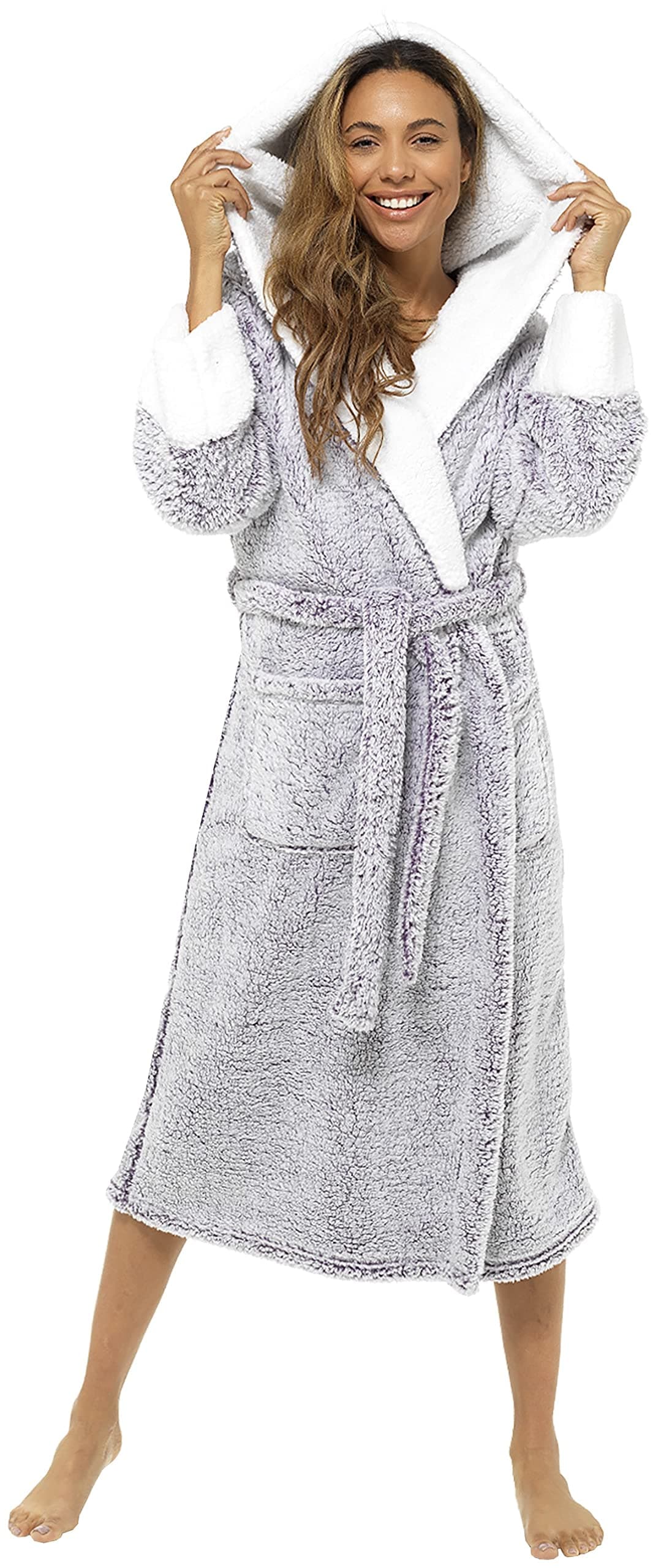 KATE MORGAN Ladies Dressing Gown Fluffy Super Soft Hooded Bathrobe for Women Plush Fleece Perfect Loungewear Long Robe | Gifts for Women — view 22