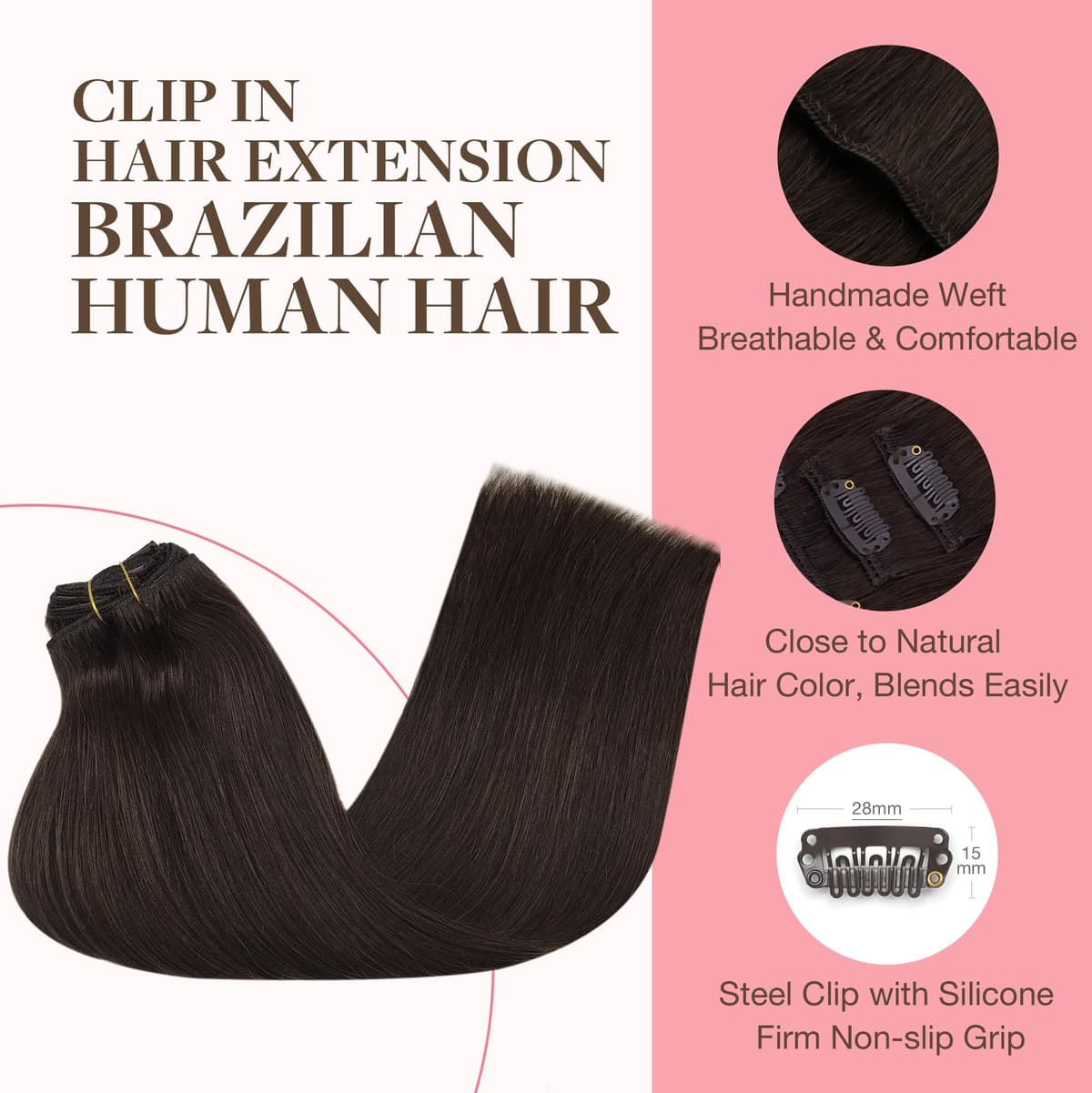 GOO GOO Clip in Hair Extensions Human Hair, 18inch 150g 9Pcs, #2 Dark Brown, Hair extensions for women, Human Hair Extensions Clip in — view 155