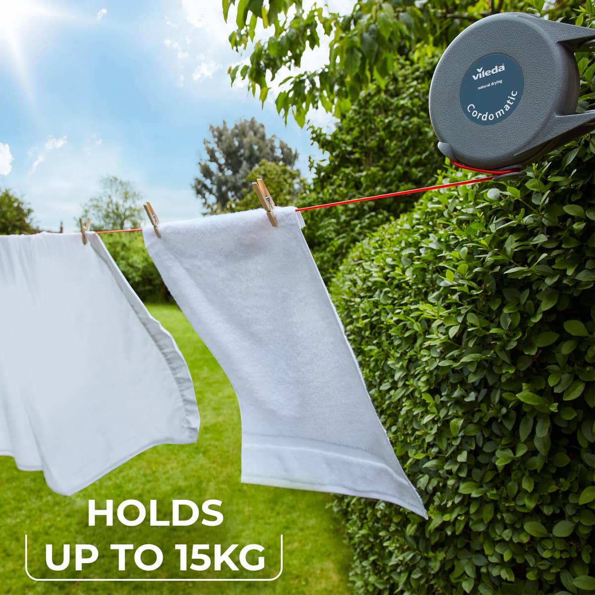 Vileda Cordomatic Retractable Washing line 15m | 1 x 15m clothes line holds up to 15kg | Extendable Clothes Line | Automatic retraction | Strong and durable | Wall Mounted for Indoor & Outdoor Use — view 4