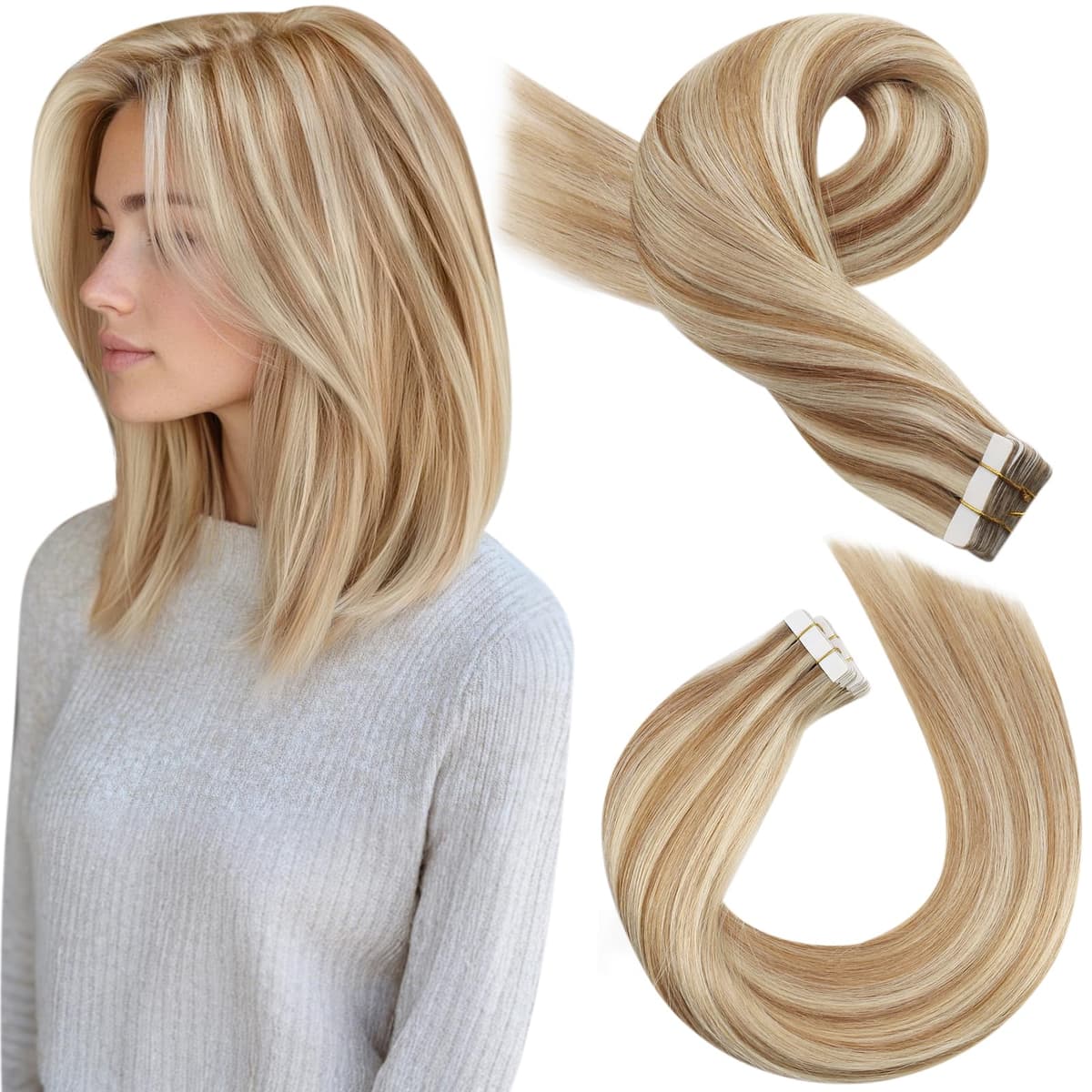 Moresoo Tape in Human Hair Extensions 20 Inch Highlight 50g/20pcs Tape in Hair Extensions Human Hair Ash Blonde with Platinum Blonde #P18/613 — view 86