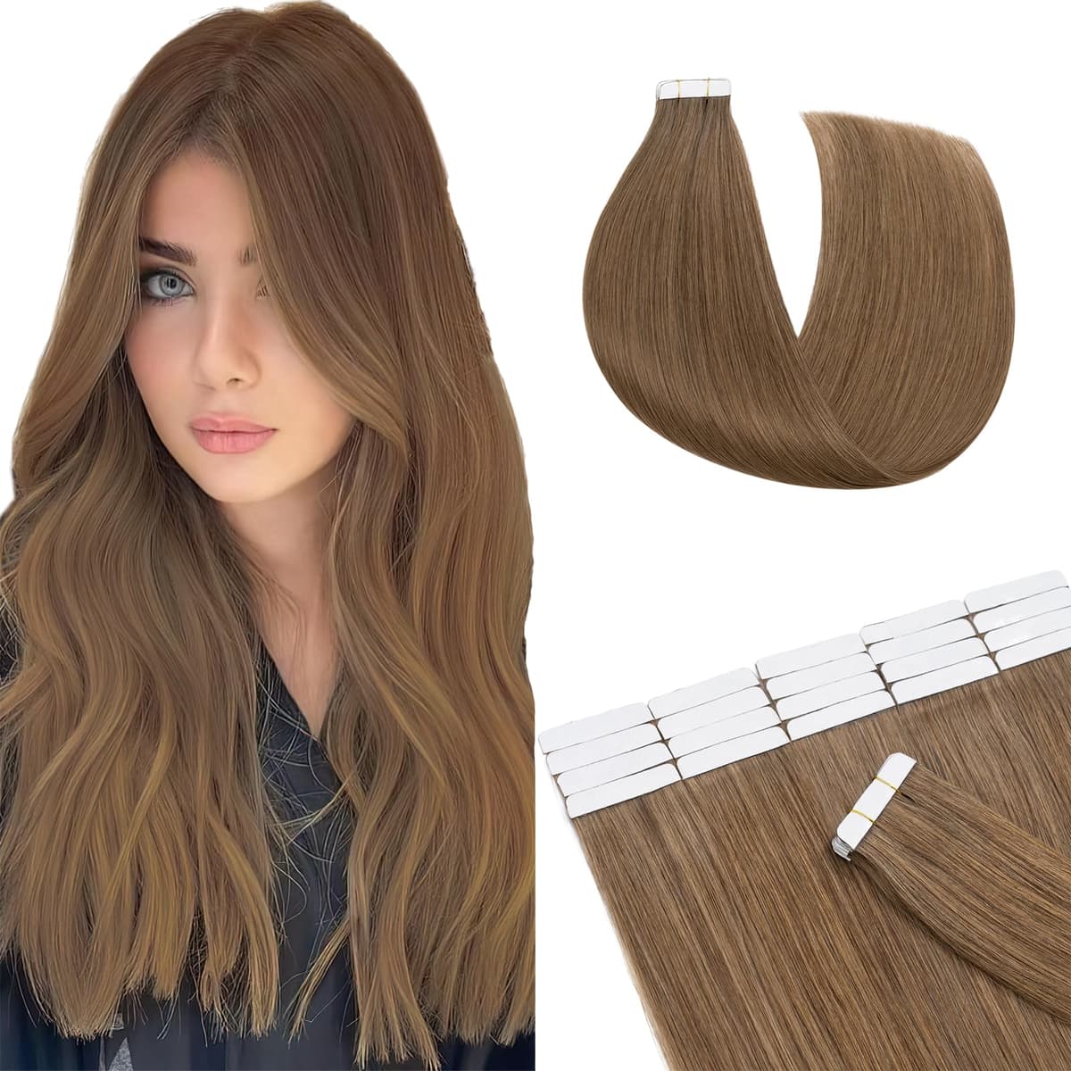 12"(30cm) SEGO 10PCS Extensiones Adhesivas Naturales Pelo Humano sin Clip [#4/27 Castaño Chocolate/Rubio Oscuro] Cabello 100% Remy Liso Balayage Tape in Human Hair (20g) — view 10