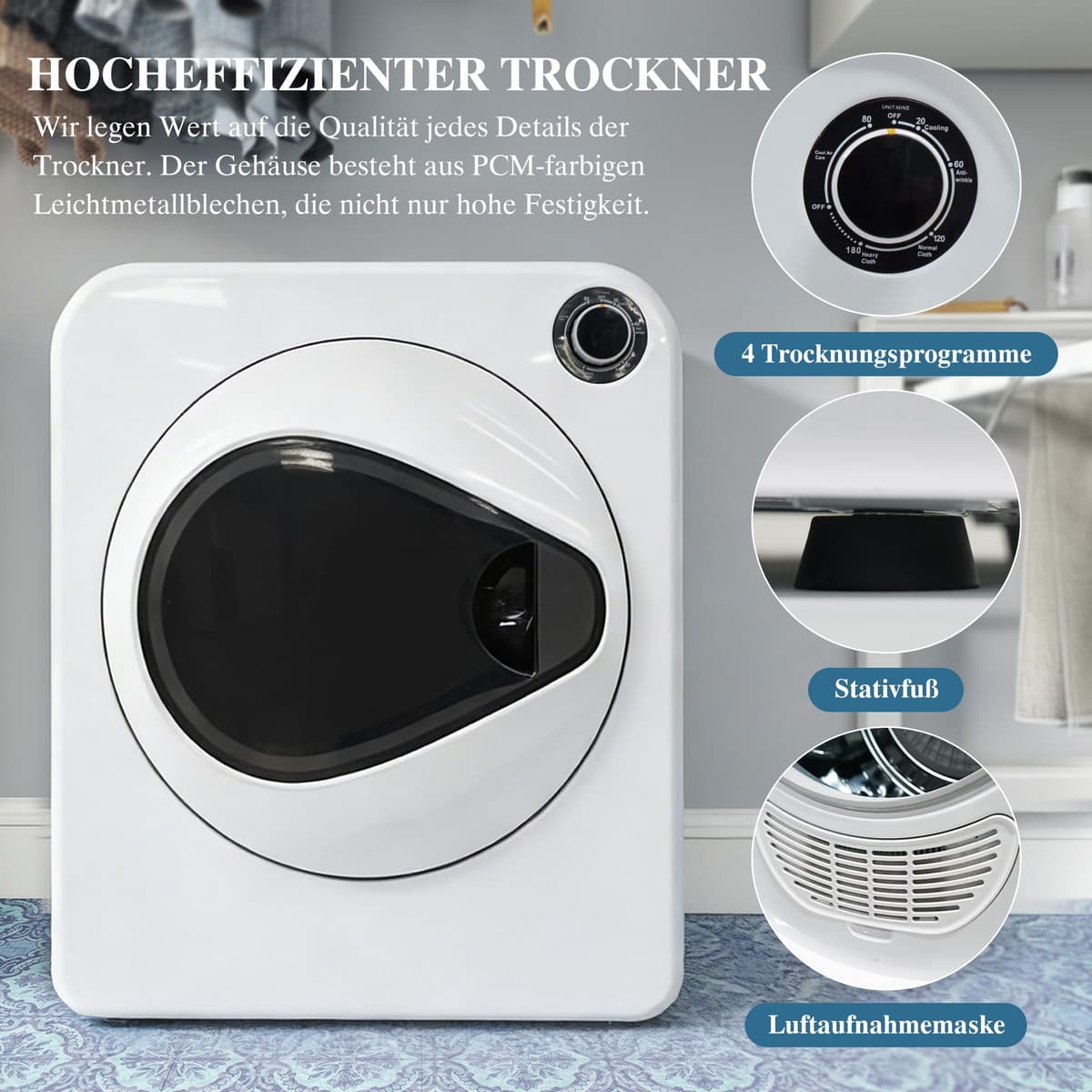 ECLIVON Secadora de Evacuación 4 kg con 4 Programas, Carga Frontal Secadora de Ropa 830 W, Montable en la Pared Secadora de Ropa con Tambor Inox, para Piso, Casa, Mobil Home, 59,5x49,5x41,5 cm, Blanco — view 5