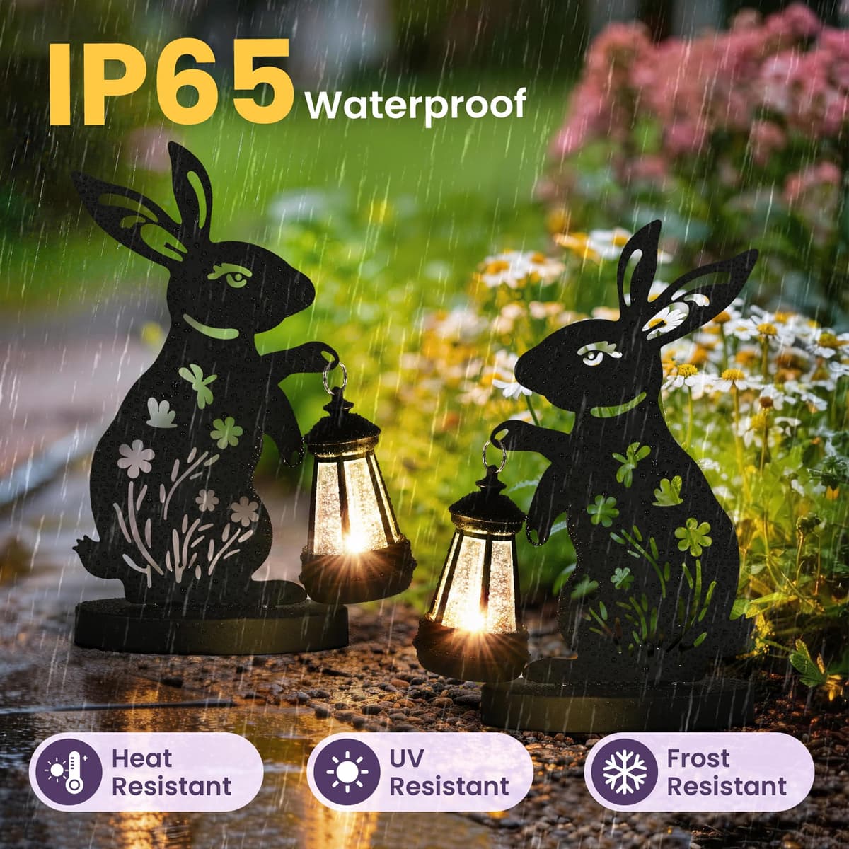GIGALUMI Iron Rabbit Statue Garden Ornaments Outdoor with Solar Powered Lights,Unique Gifts for Mom,Women,Waterproof Garden Statue Decorations for Patio, Yard(2 Pack) — view 4
