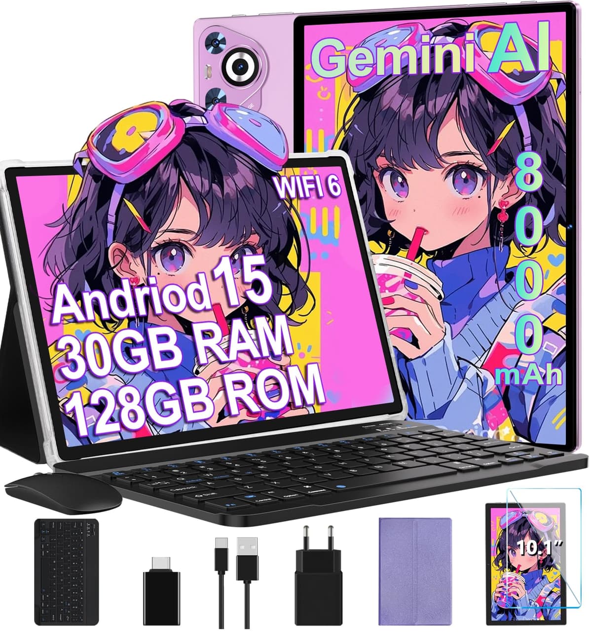 Tablet 10 pollici Android 14, 22GB RAM 128GB ROM/TF 1TB, Octa-Core, 8000mAh, Corpo in Metallo, Face ID, Doppio WiFi, 8MP+5MP, Widevine L1, Protezione Occhi, Tastiera, Mouse, Blue — view 2