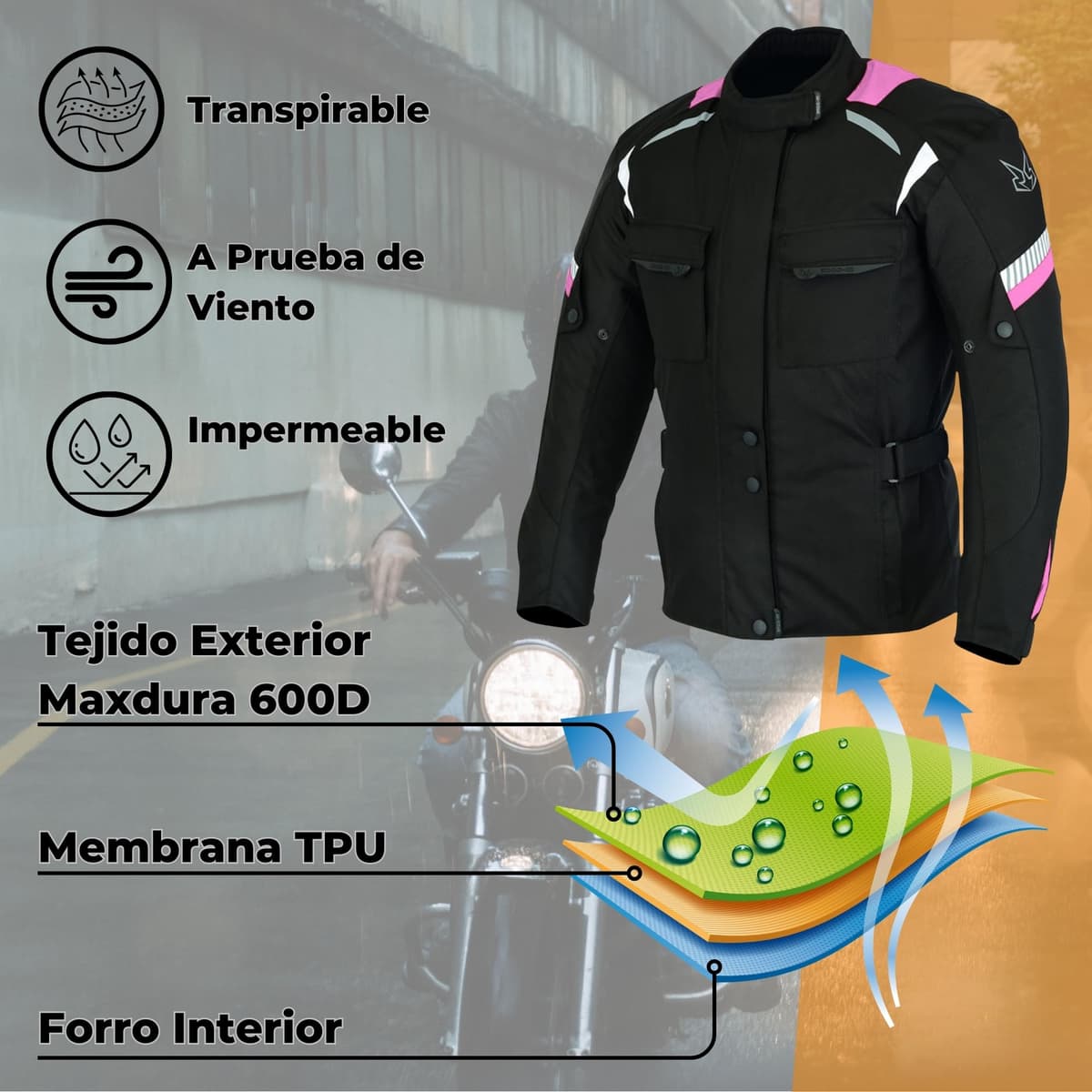 Chaqueta Moto Mujer 4 Estaciones Impermeable con Protecciones CE incluídas y Forro Extraíble — view 3