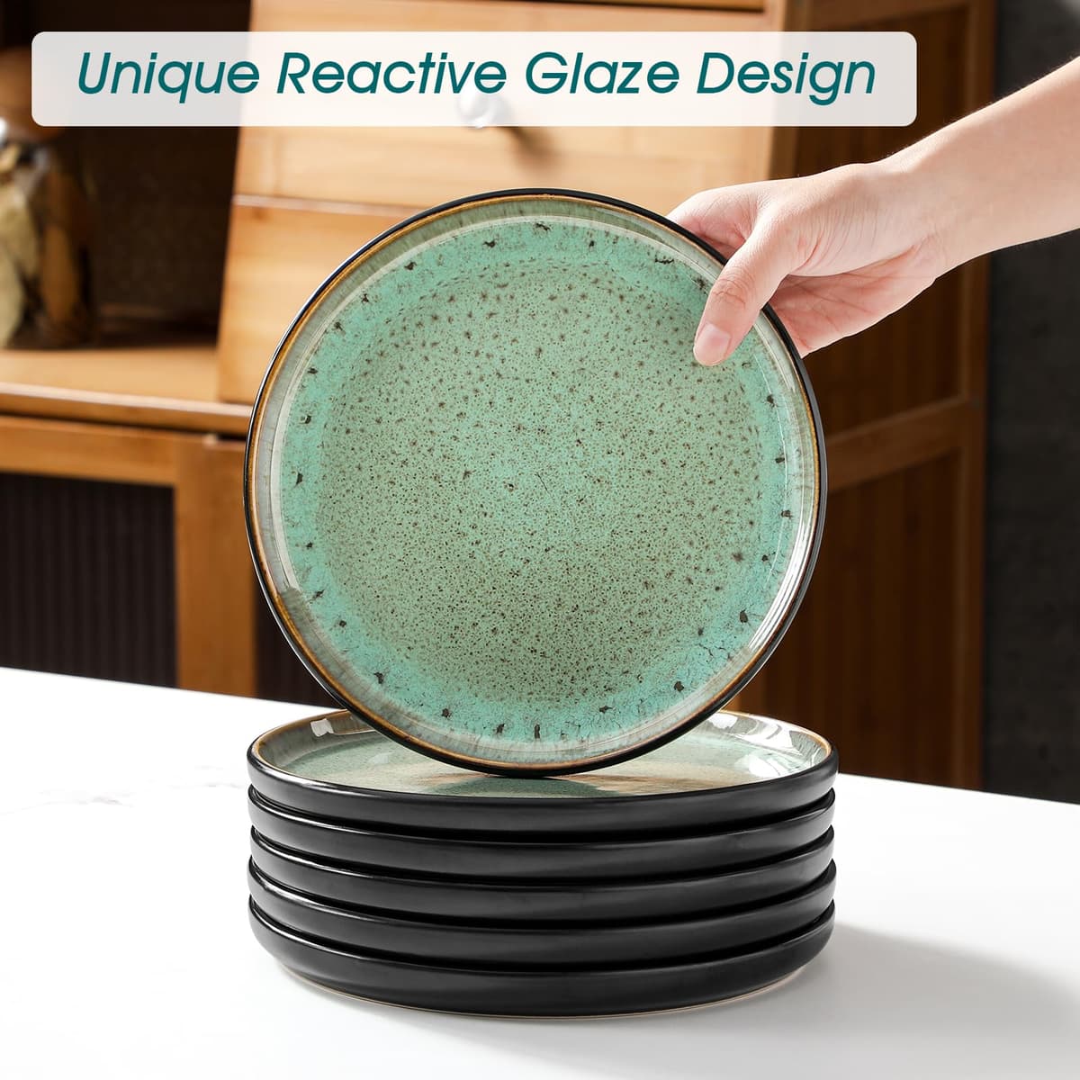 vancasso Amber 24 Pieces Dinner Set for 6, Reactive Glaze Stoneware Plates and Bowls Set, Green Crockery Set with Dinner Plates, Dessert Plates, Soup Bowls & Cereal Bowls, Microwave & Dishwasher Safe — view 5
