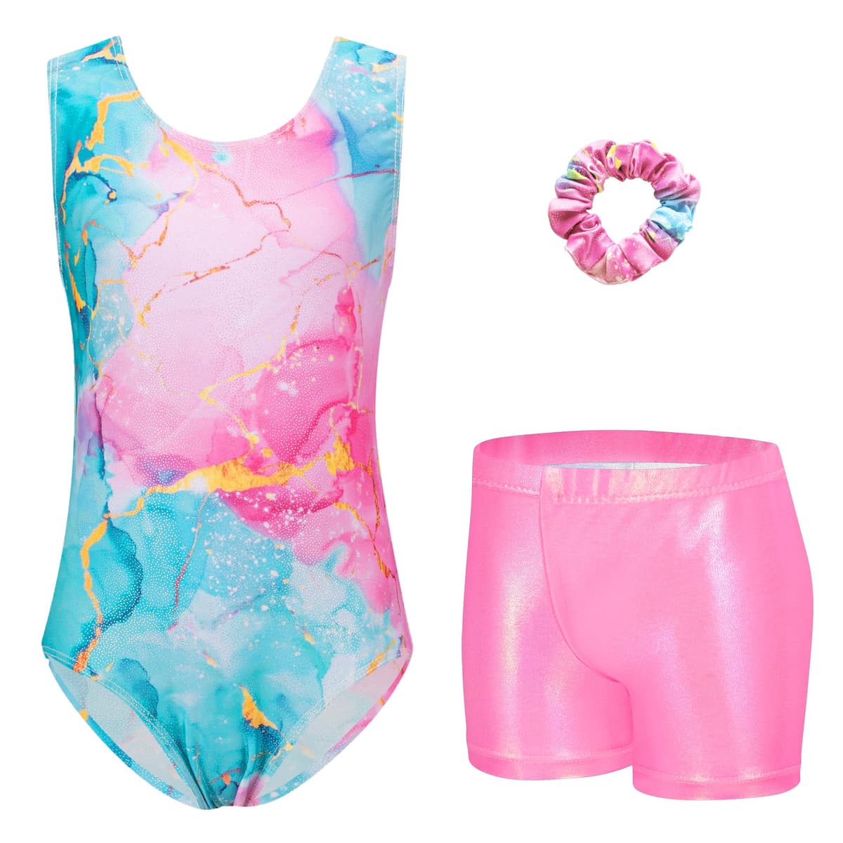 Arshiner Maillot Gimnasia Ritmica Niña Conjunto de Gimnasia Tres Piezas sin Mangas para Verano Entrenamiento Moderno Conjunto de Body y Pantalón Corto Maillot Ballet Niña 3-10 Años — view 7